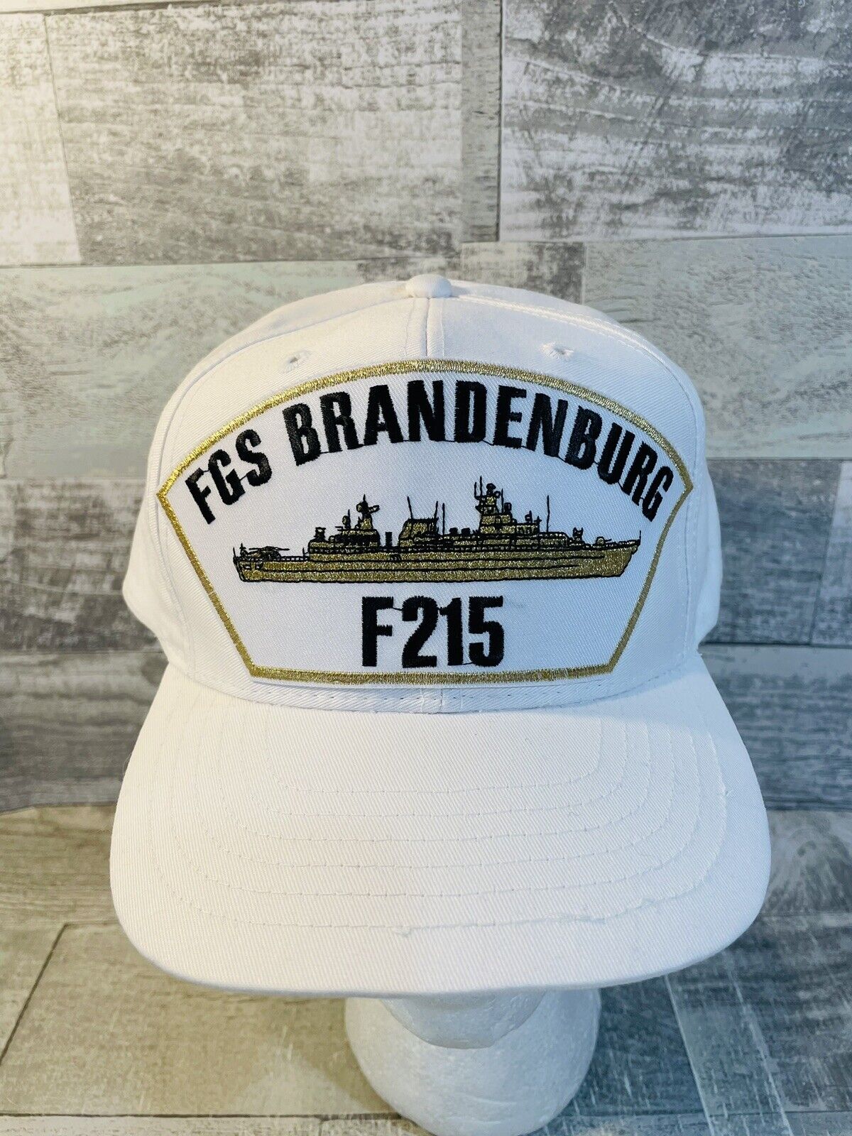 Vintage FGS Brandenburg German Navy Frigate F215 White Gold SnapBack Hat Cap