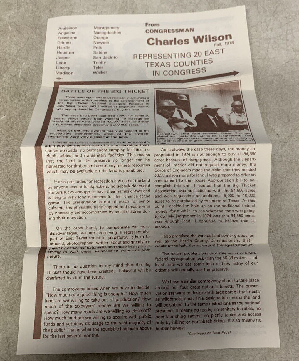charles wilson newsletter 1978 congressman east texas history Big Thicket