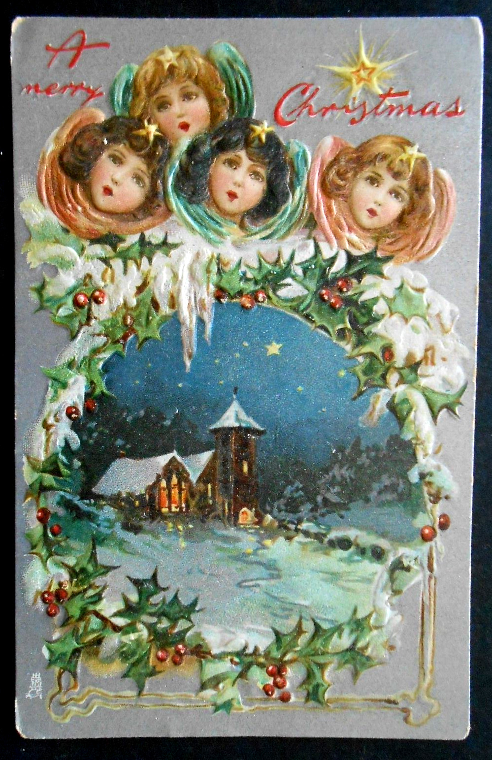 ANTIQUE 1908 TUCK'S CHRISTMAS POSTCARD 4 LITTLE GIRLS, NIGHTTIME CHURCH IN SNOW