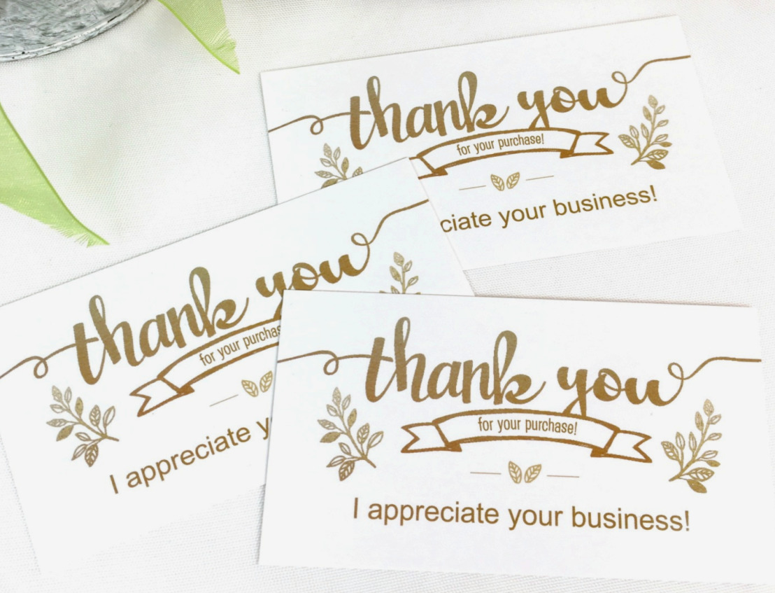 100x Business Cards, Thank You for Your Purchase White Gold, Appreciate Customer