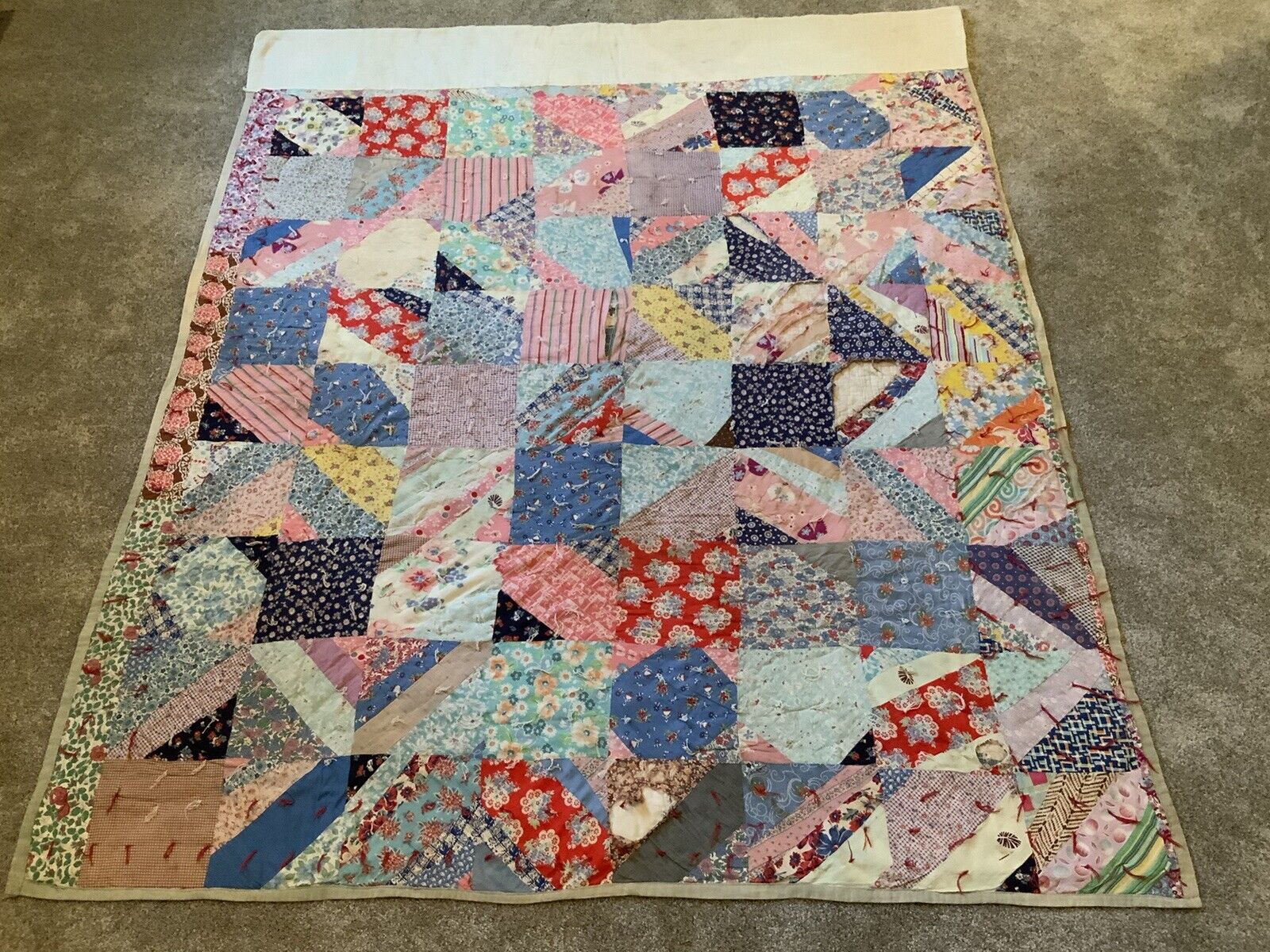 Tattered Torn Old Cotton Patchwork Quilt 80”x 65” Machine Stitched Hand Quilted
