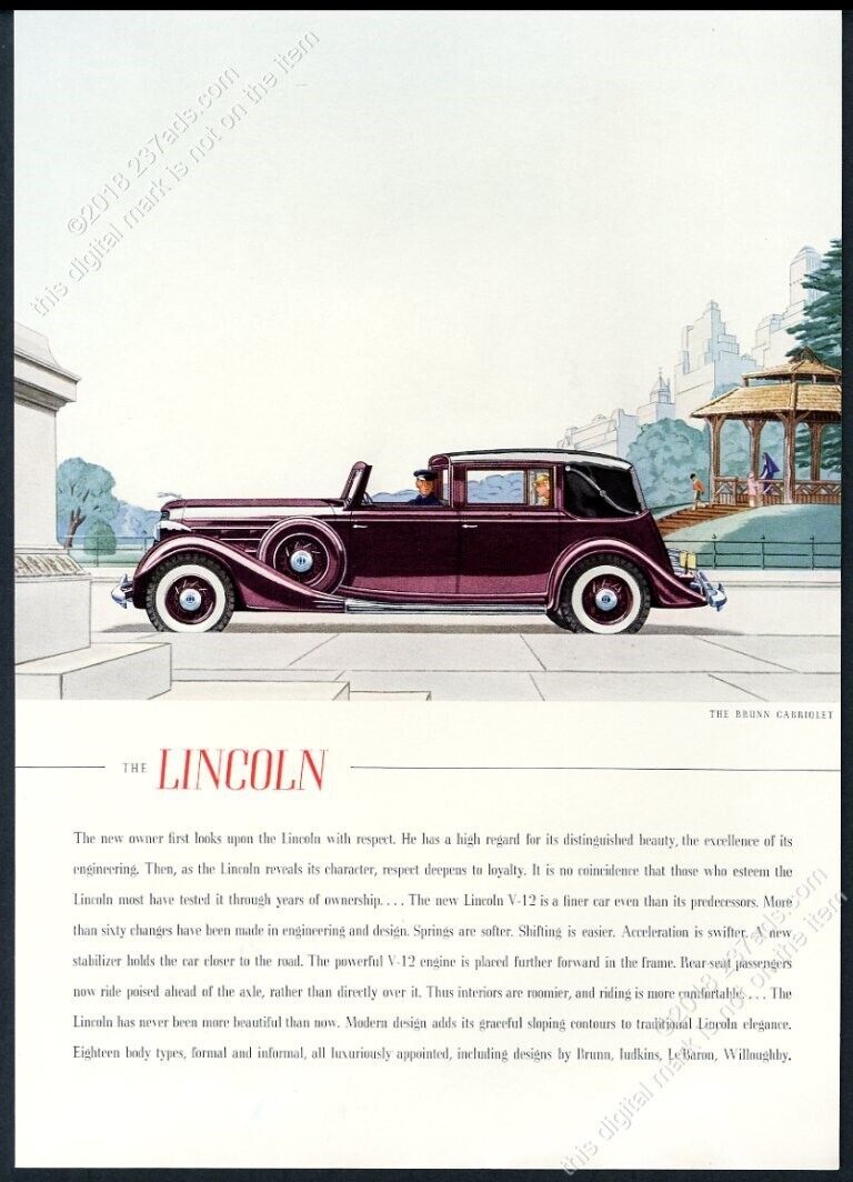1935 Lincoln Brunn Cabriolet purple car art vintage print ad