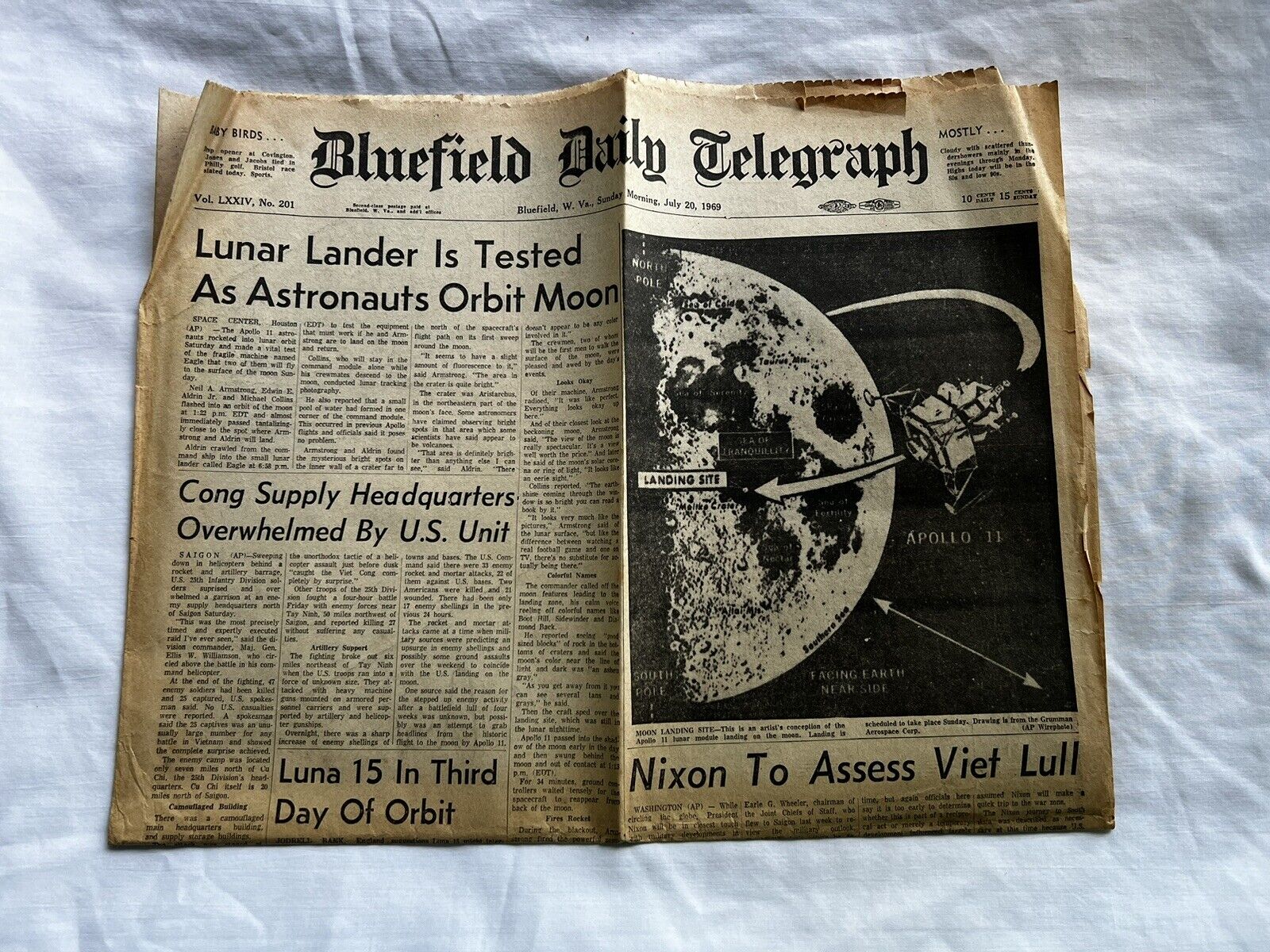 Bluefield Daily Telegraph 1969 Newspaper Cover WV VA Nixon Moon Landing Kennedy