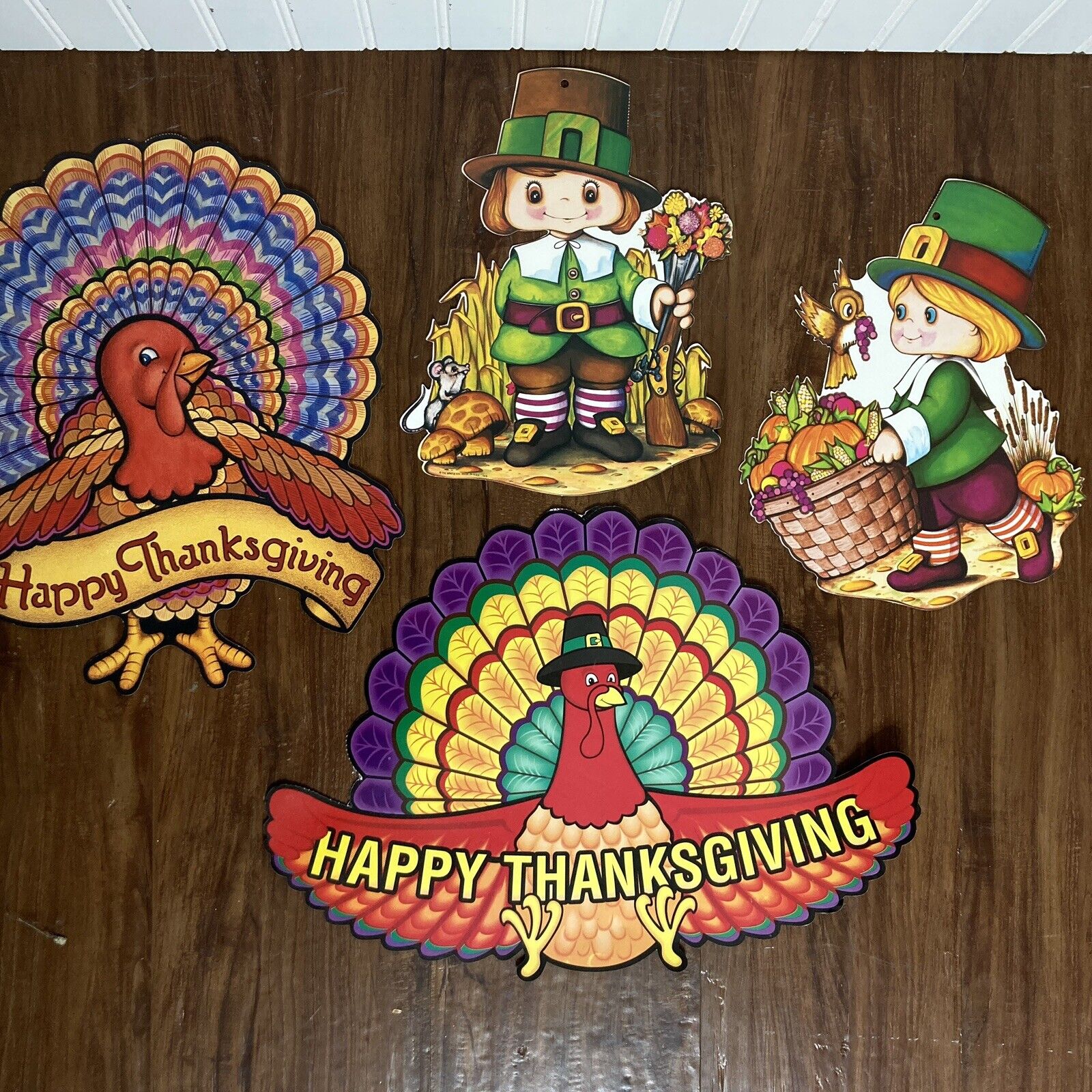 Vintage Thanksgiving Holiday Cardboard Die Cut Out Lot of 4 Pilgrim Feast Turkey