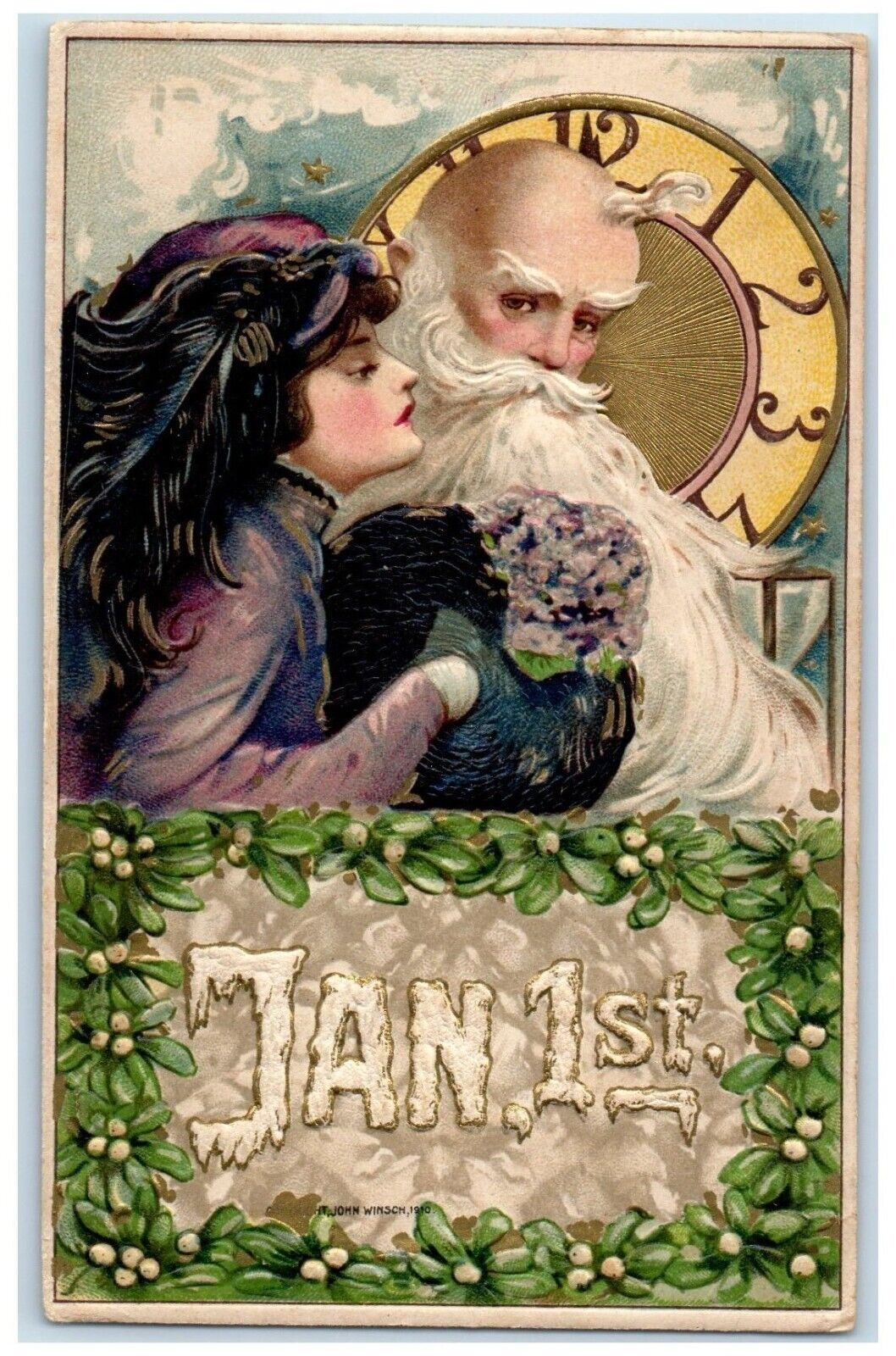 c1910\'s New Year Jan 1st Old Man Time Mistletoe Clock Winsch Back Postcard