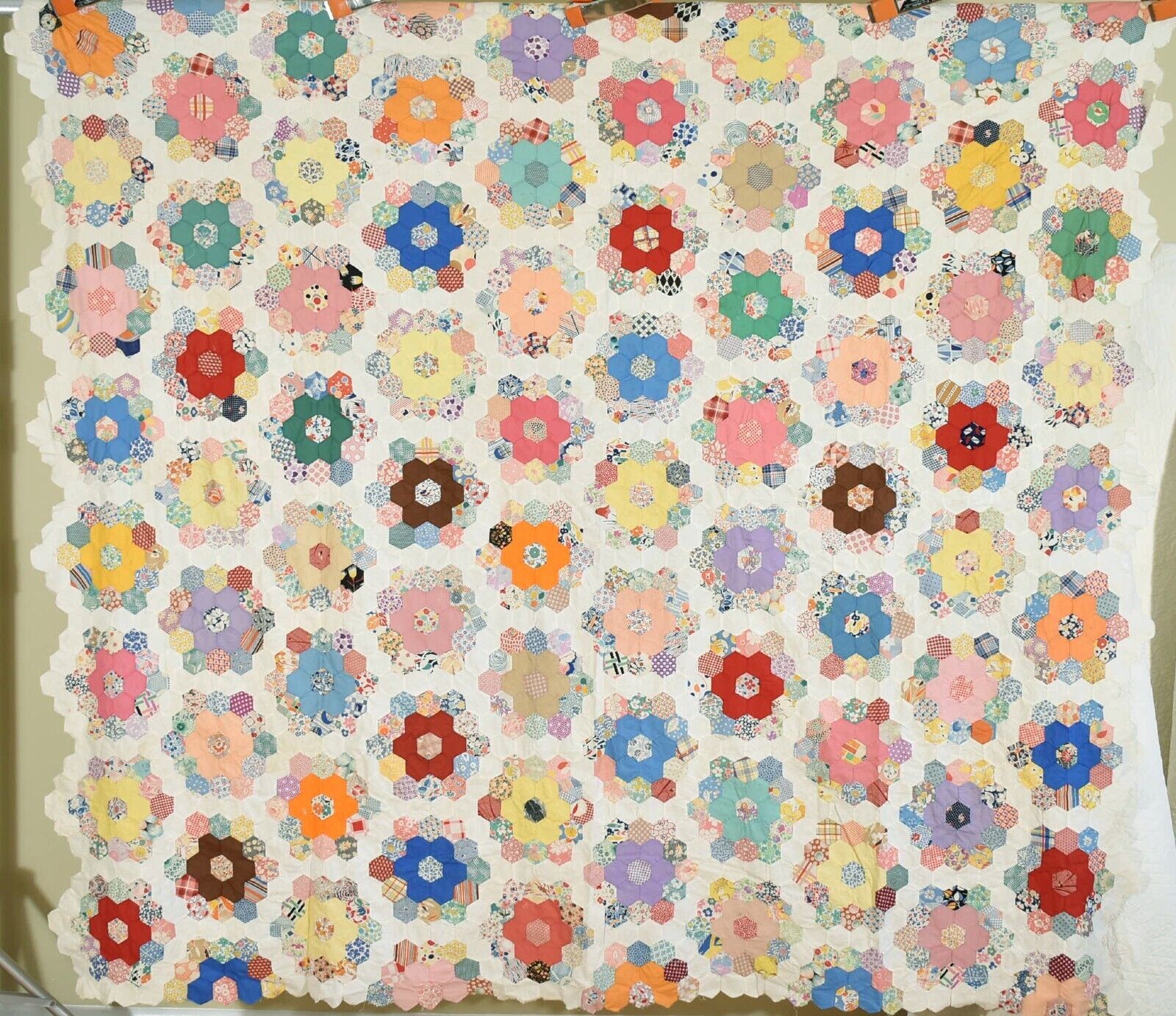 Colorful Vintage 30's Grandmother's Flower Garden Mosaic Antique Quilt Top