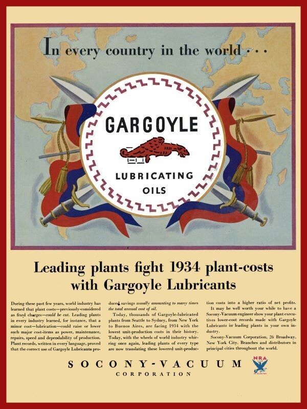 1934 SOCONY Mobil Oil NEW Metal Sign: Gargoyle Lubricating Oils