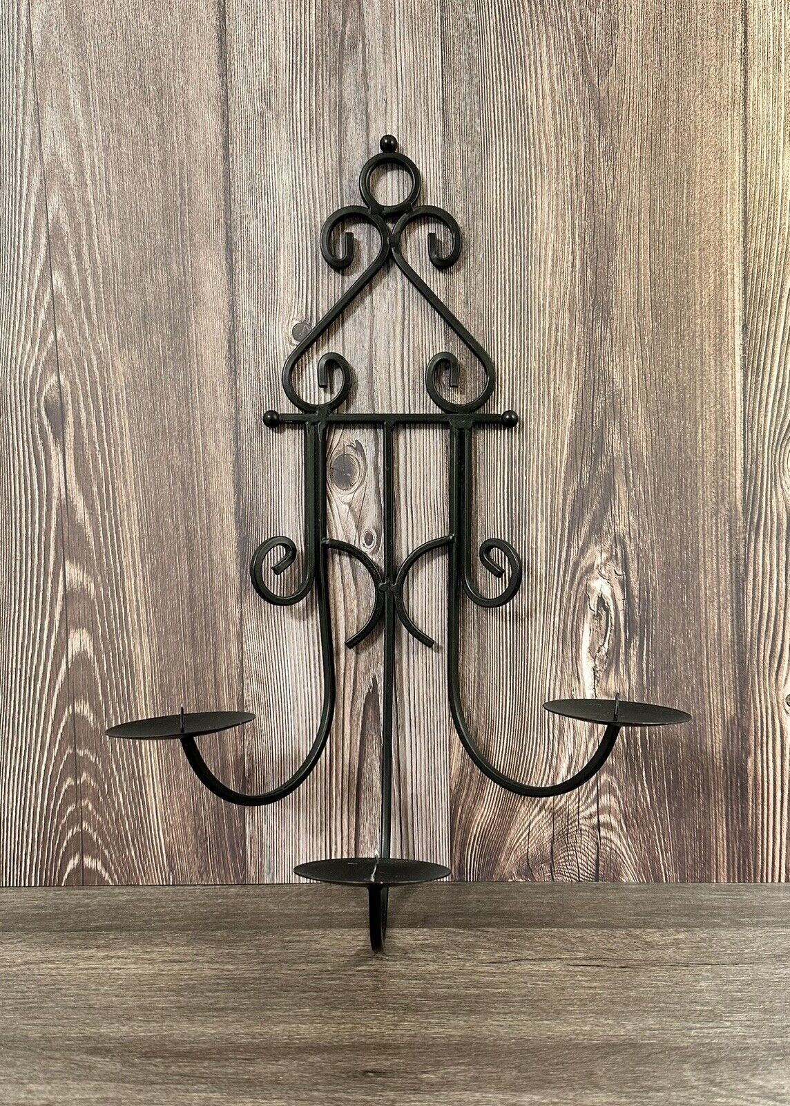Vintage Black Wrought Iron Wall Sconce Triple Candle Holder  16.5”