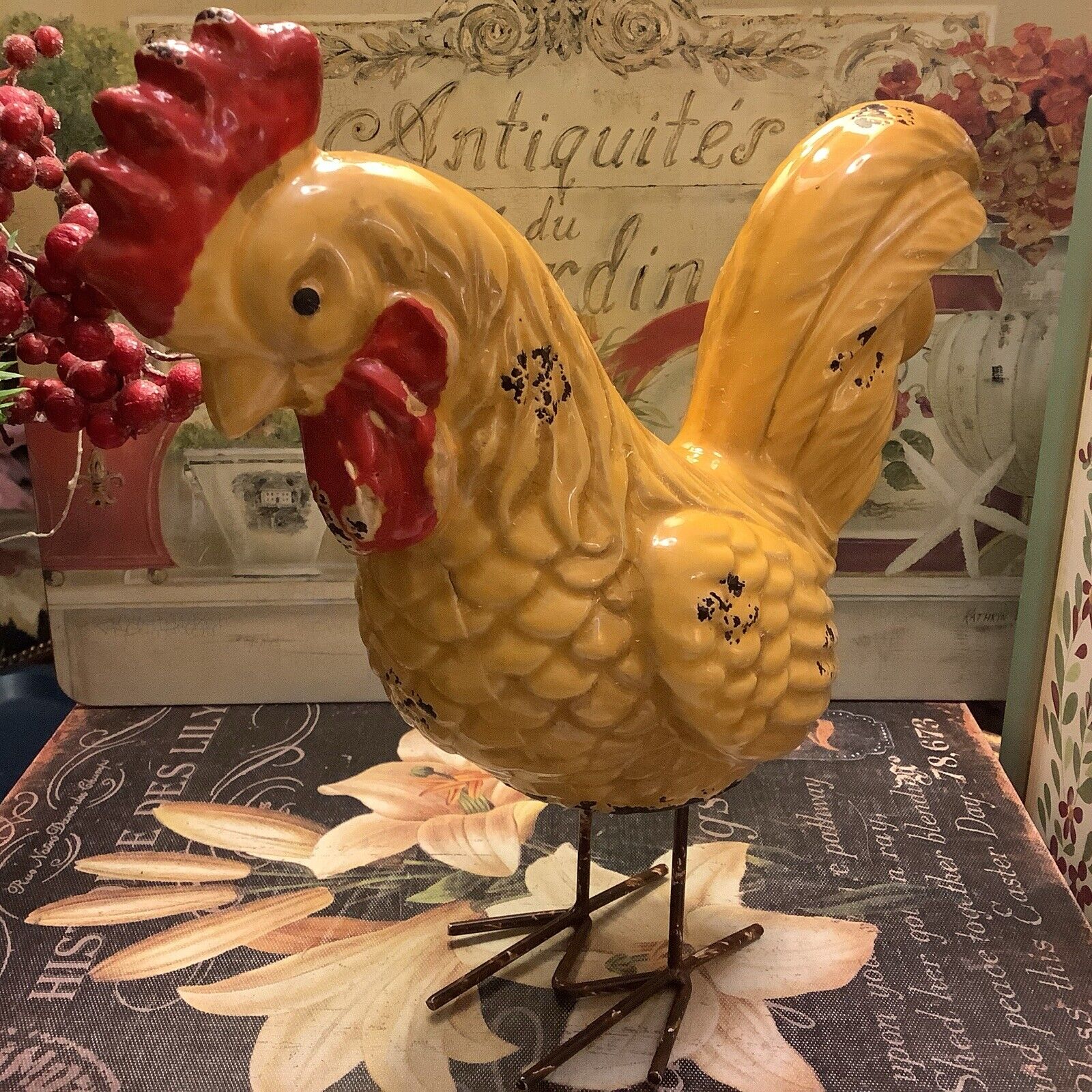Vintage Inspired~Distressed Yellow/Red Rooster~w/Metal Legs~Farmhouse/French~