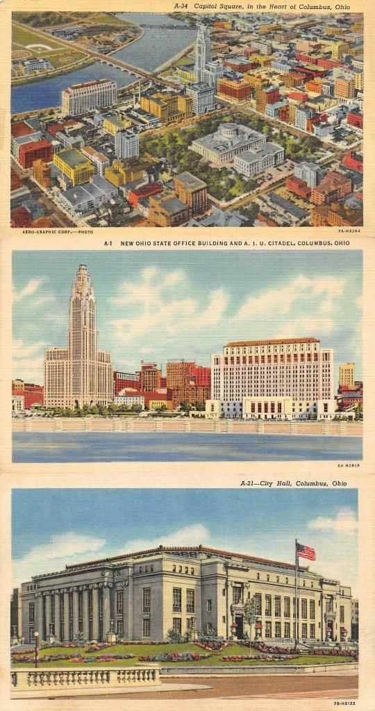 COLUMBUS, OH Ohio  CITY HALL~AIU CITADEL~OFFICE~AERIAL  *3*  c1940\'s Postcards