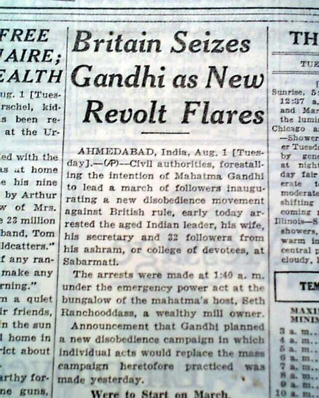 MATHATMA GANDHI ARRESTED Civil Disobedience Movement in India 1933 old Newspaper