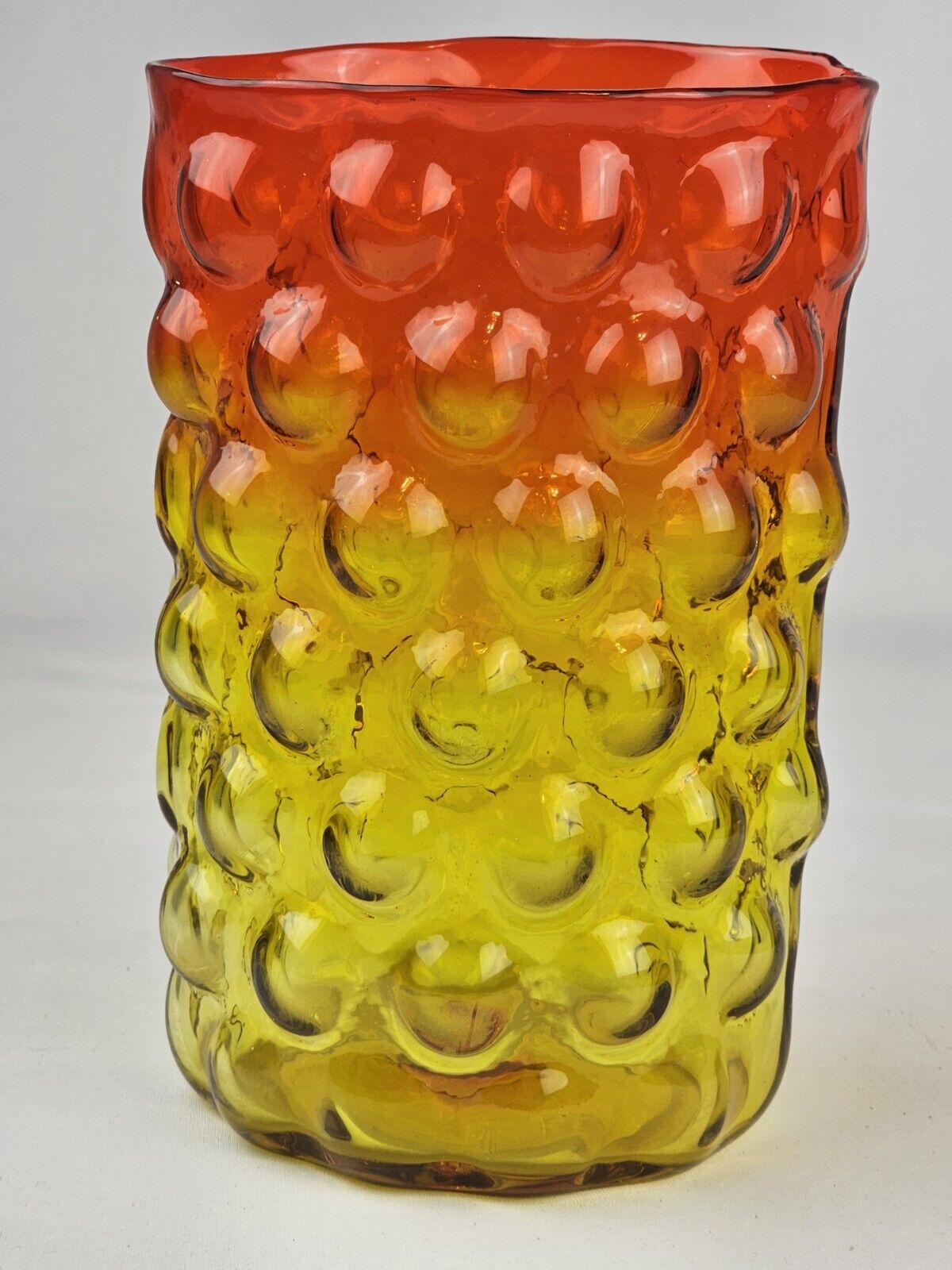 Vintage 1961 BLENKO Glass 6041 Tangerine Yellow Green Bubble Vase Signed