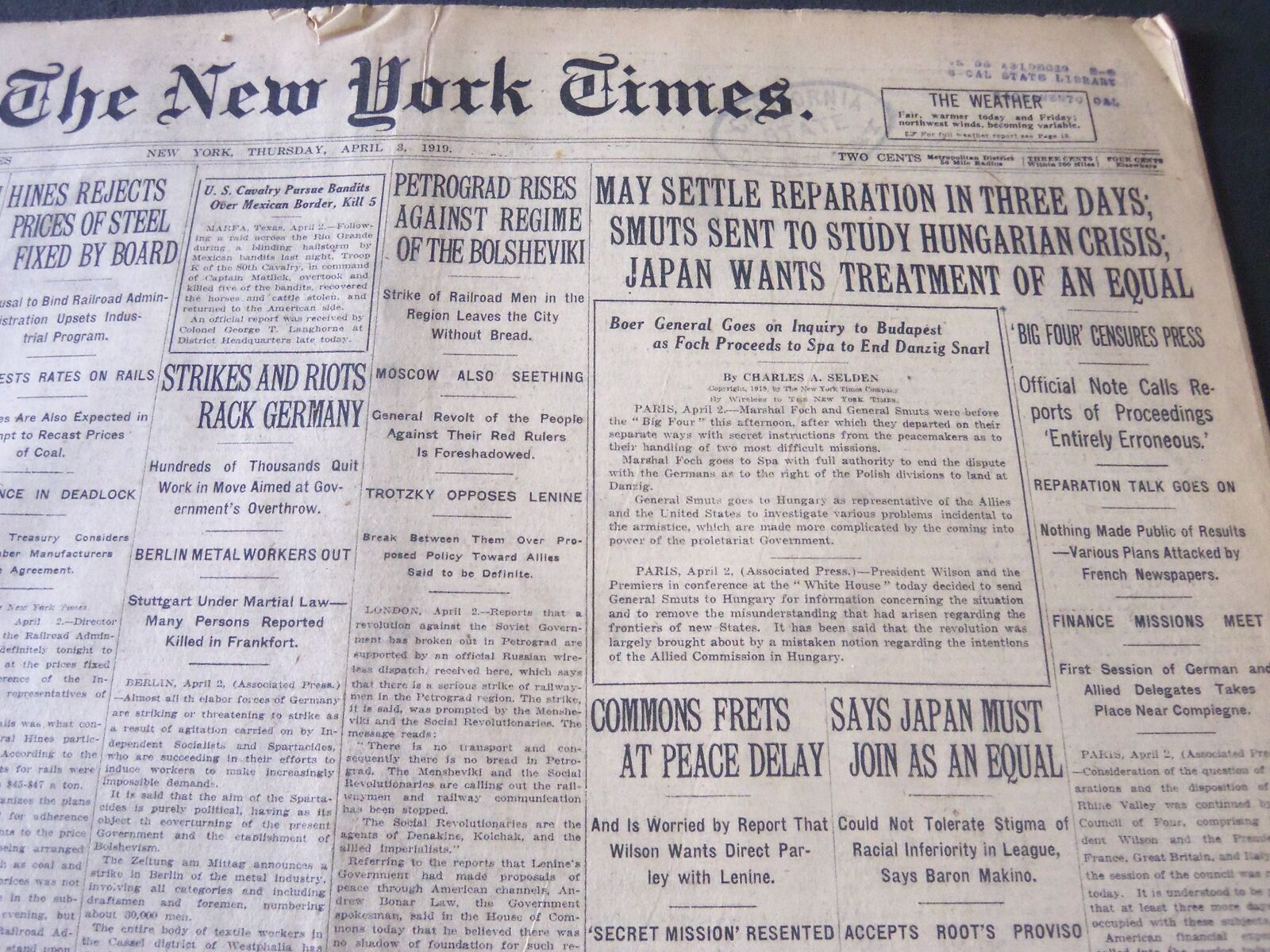 1919 APRIL 3 NEW YORK TIMES - MAY SETTLE REPARATION IN THREE DAYS - NT 6220