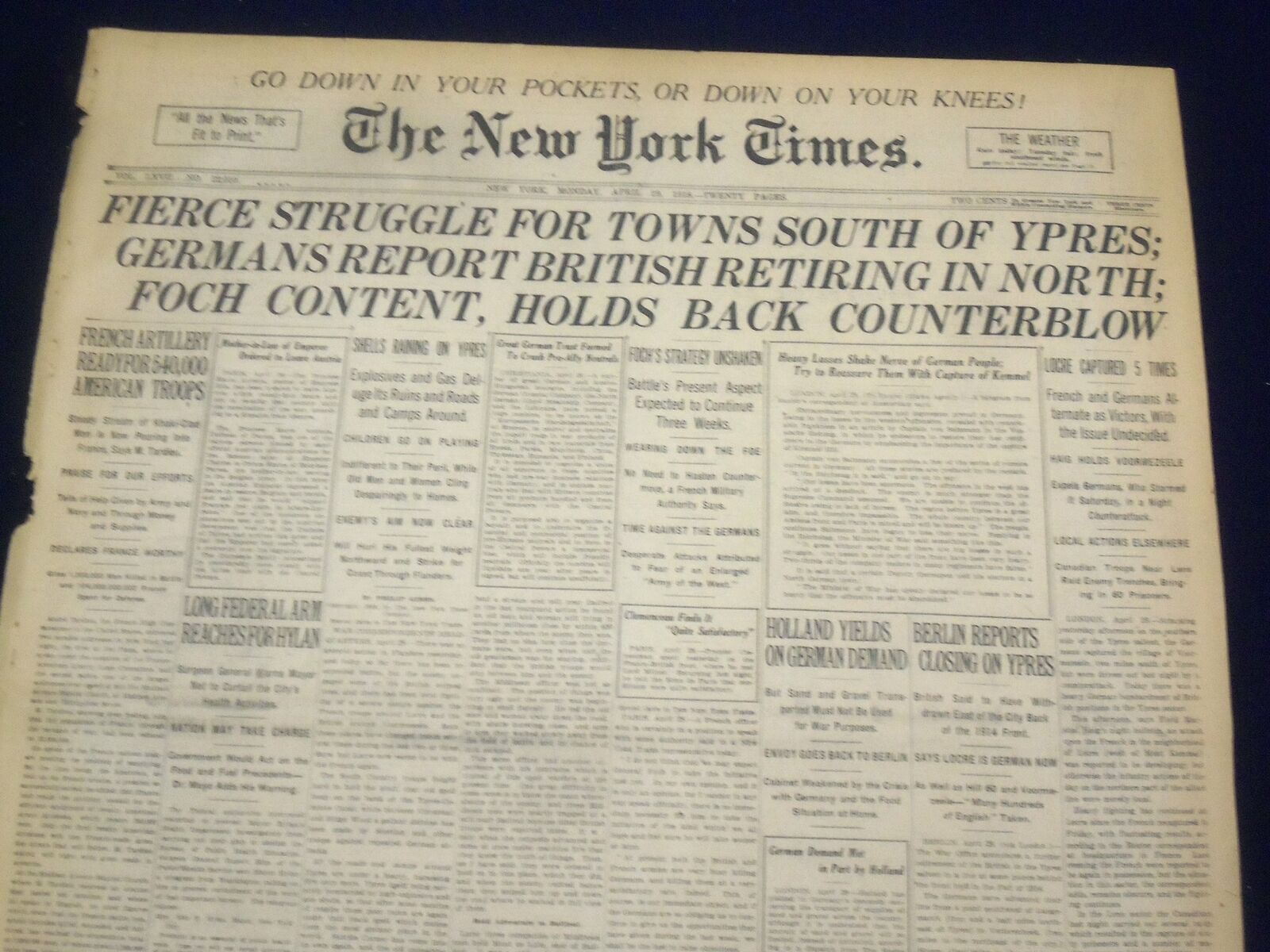 1918 APRIL 29 NEW YORK TIMES - FOCH CONTENT HOLDS BACK COUNTERBLOW - NT 8213