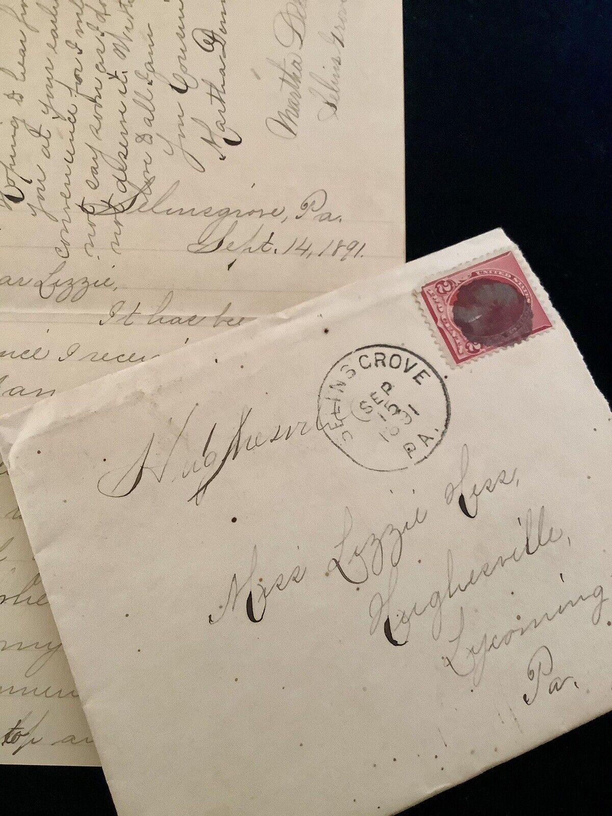 1891 Sept 14 Antique Victorian  Friend Letter From Selinsgrove To Hughesviile PA