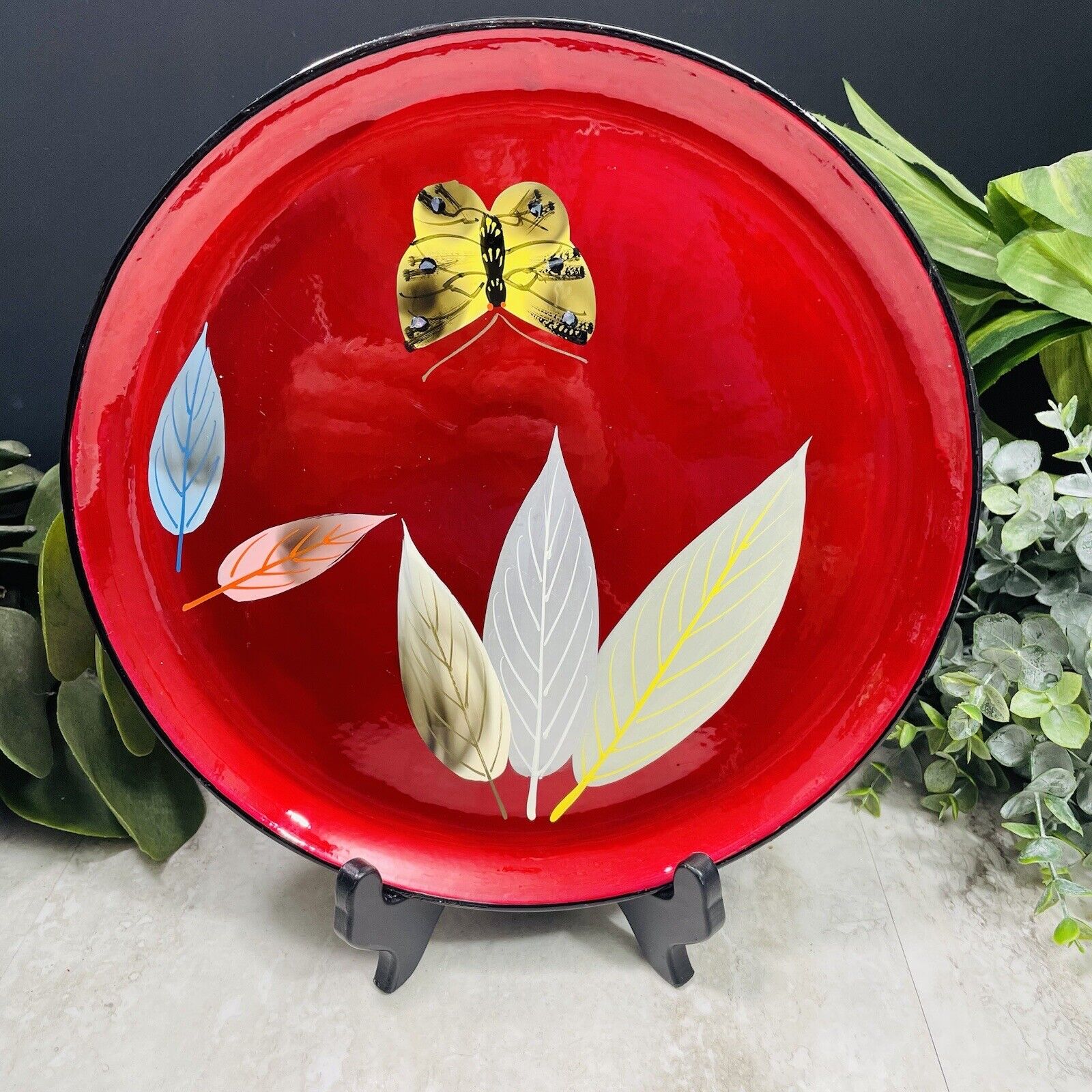 Vintage Red Lacquer Ware Round Tray Butterfly Leaf 10” Asian Enesco