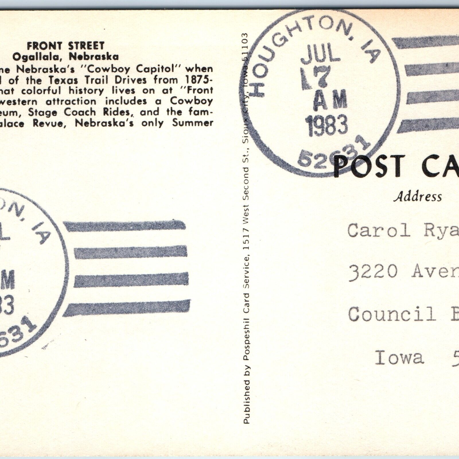1983 Houghton, IA Town Post Office Cancel Stamp USPO Postcard Iowa Postal A177