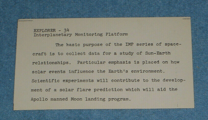 1967 NASA Fact Card Explorer 34 IMP Interplanetary Monitoring Platform Satellite