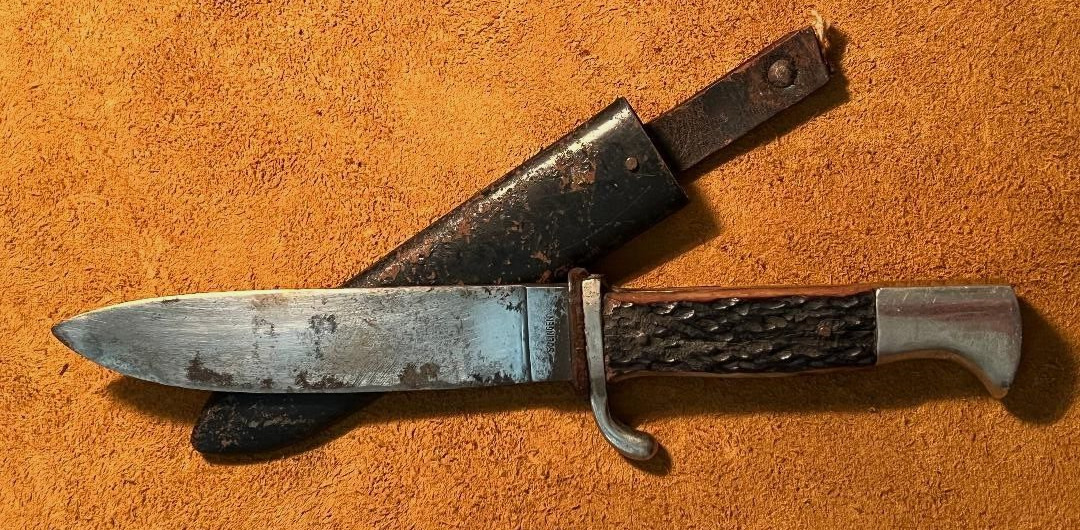 Vintage German Solingen Boy Scout Knife Fixed Blade Stag Handle Metal Sheath
