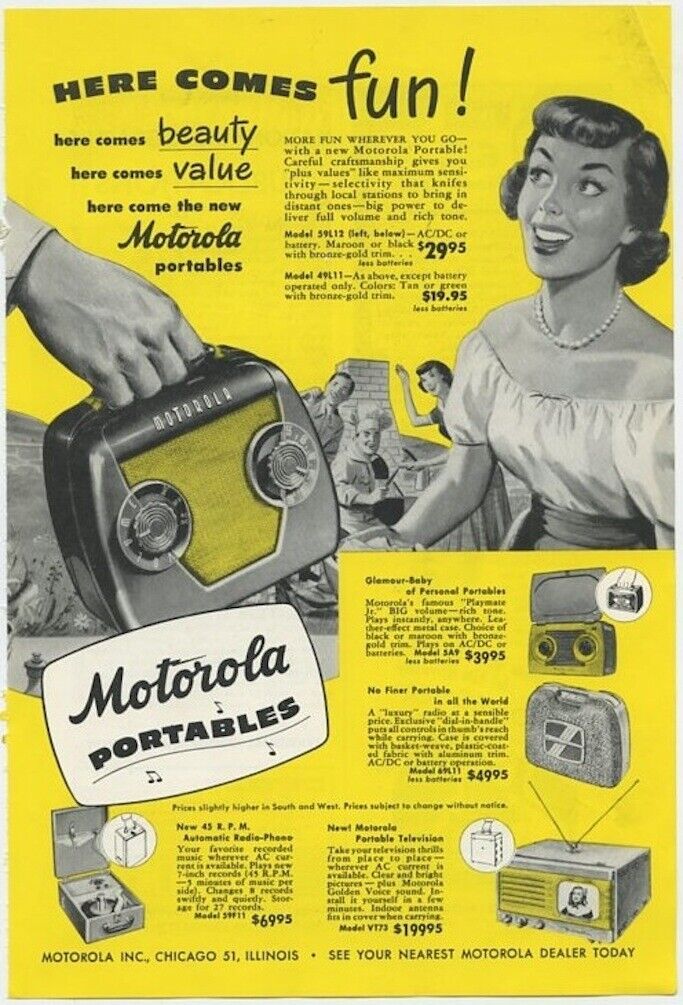 Motorola Portables Radio Radio-Phono Television Here Come Fun 1949 Vintage Ad 