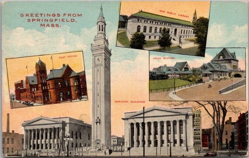 Springfield, Massachusetts Greetings Postcard Multi-View / Municipal Buildings
