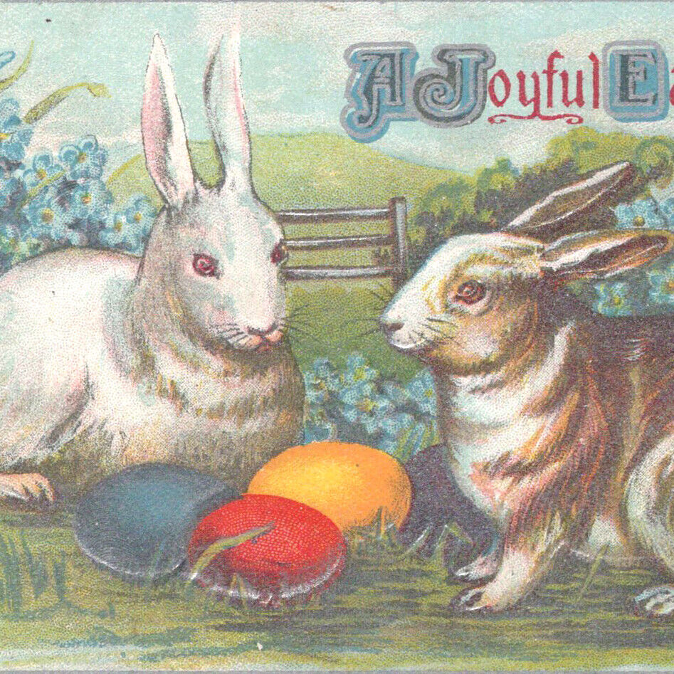 Vintage 1900s Joyful Easter Eggs Bunny Rabbit Silver Foil Paint Postcard