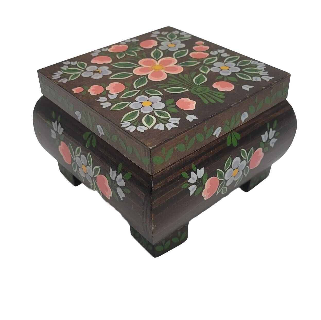 Vintage Hand Painted Floral Wooden Trinket Keepsake Box