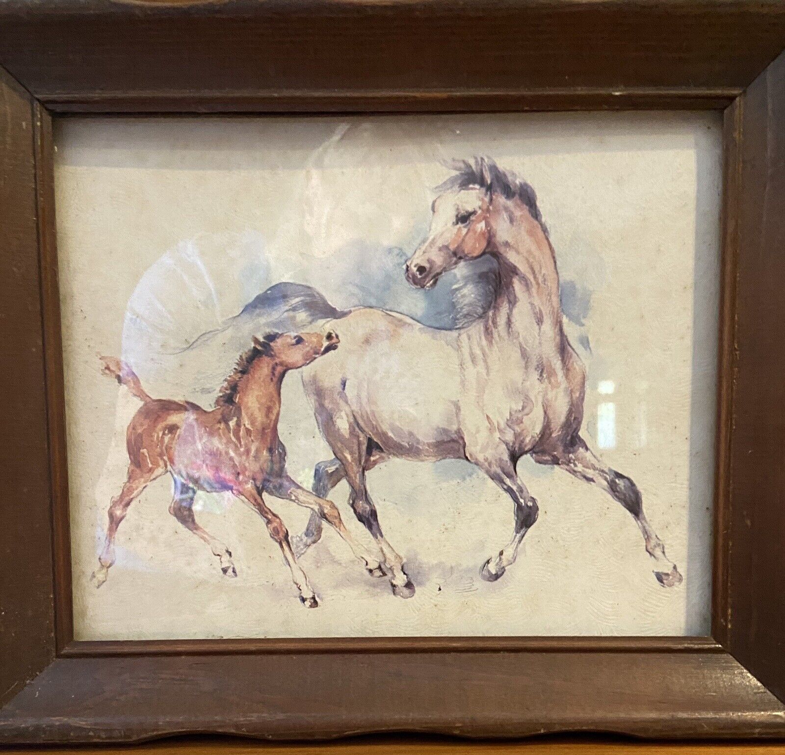 Mare And Foal 8x10 Lithograph Vintage Framed Picture
