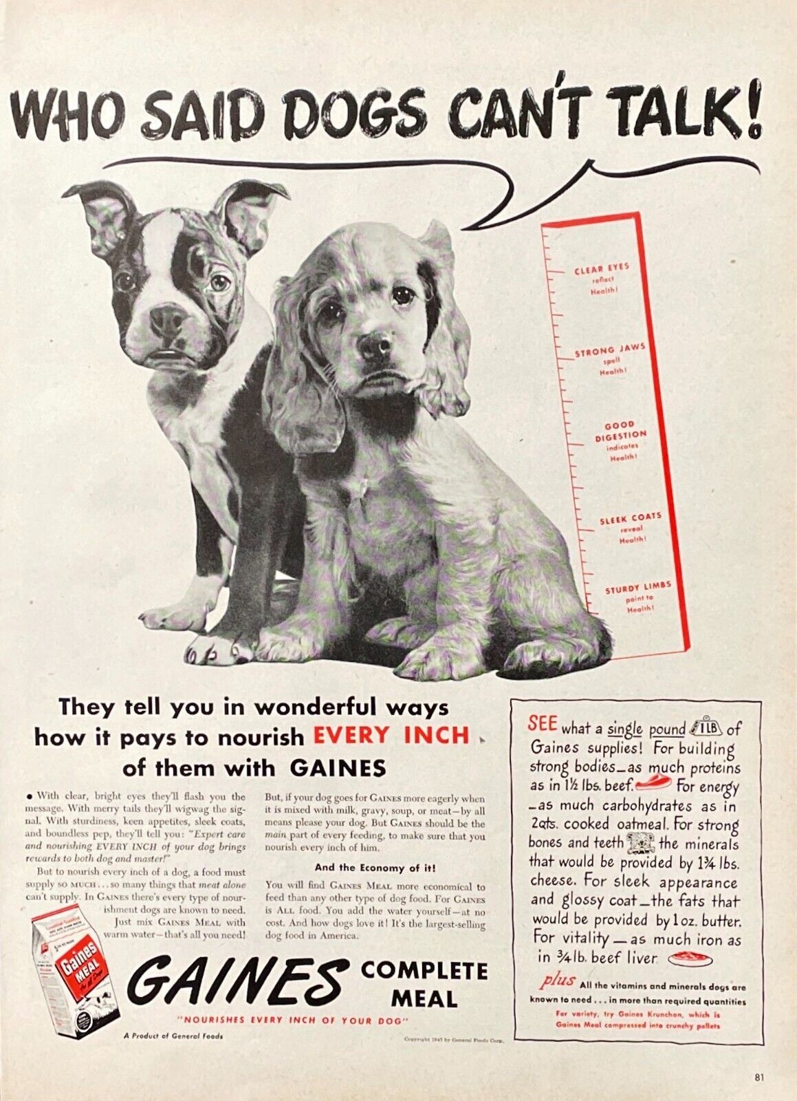 1947 Gaines Dog Food Vintage Print Ad Pet Food Advertisement Gaines Meal Dog Ad