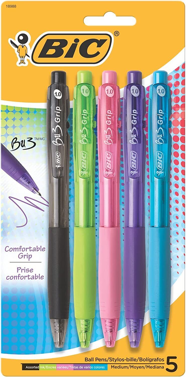 BIC BU3 Retractable Ball Pen, Medium Point (1.0 mm), Assorted Colors, 5Ct