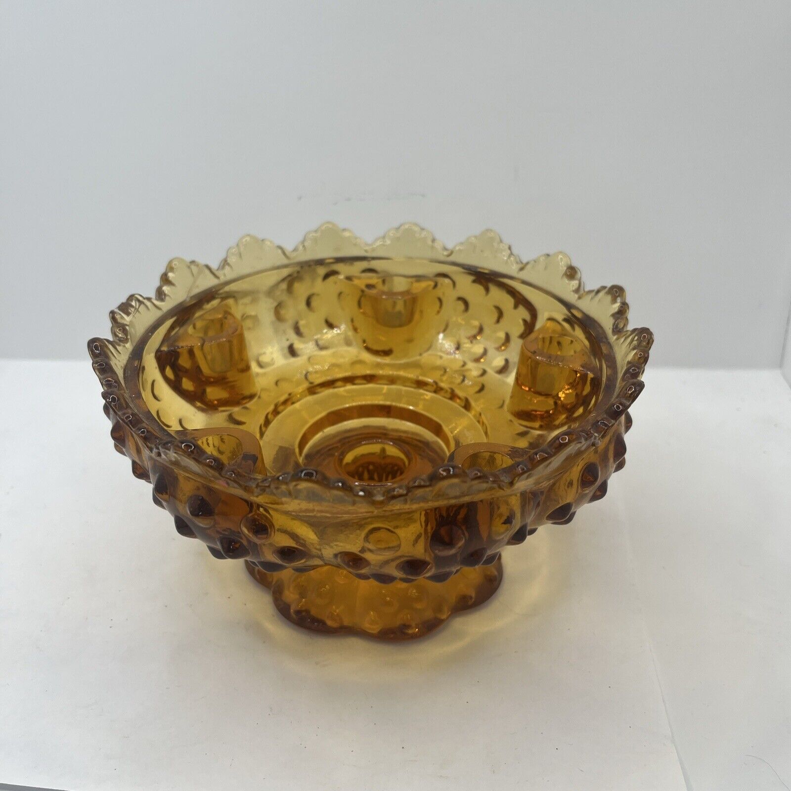 Vintage Fenton Amber Hobnail Glass Pedestal Centerpiece Bowl 6 Candle Holder MCM