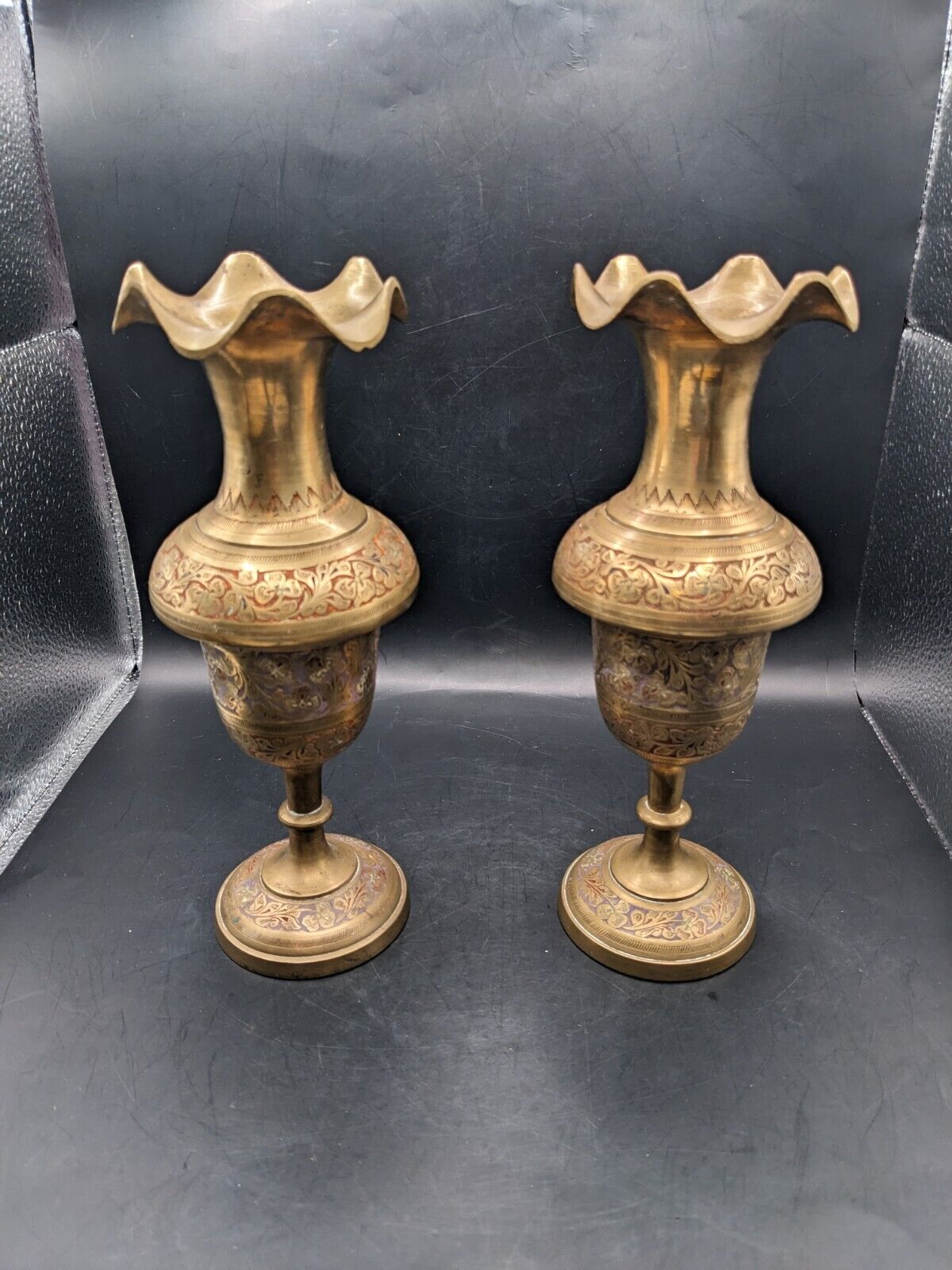 Pair Of Vintage Colored Etched Brass Fluted Candle Holders Handcrafted 9
