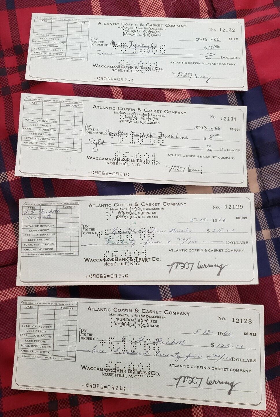 Four Antique Atlantic Coffin And Casket Company Cancelled Checks. 1960s.