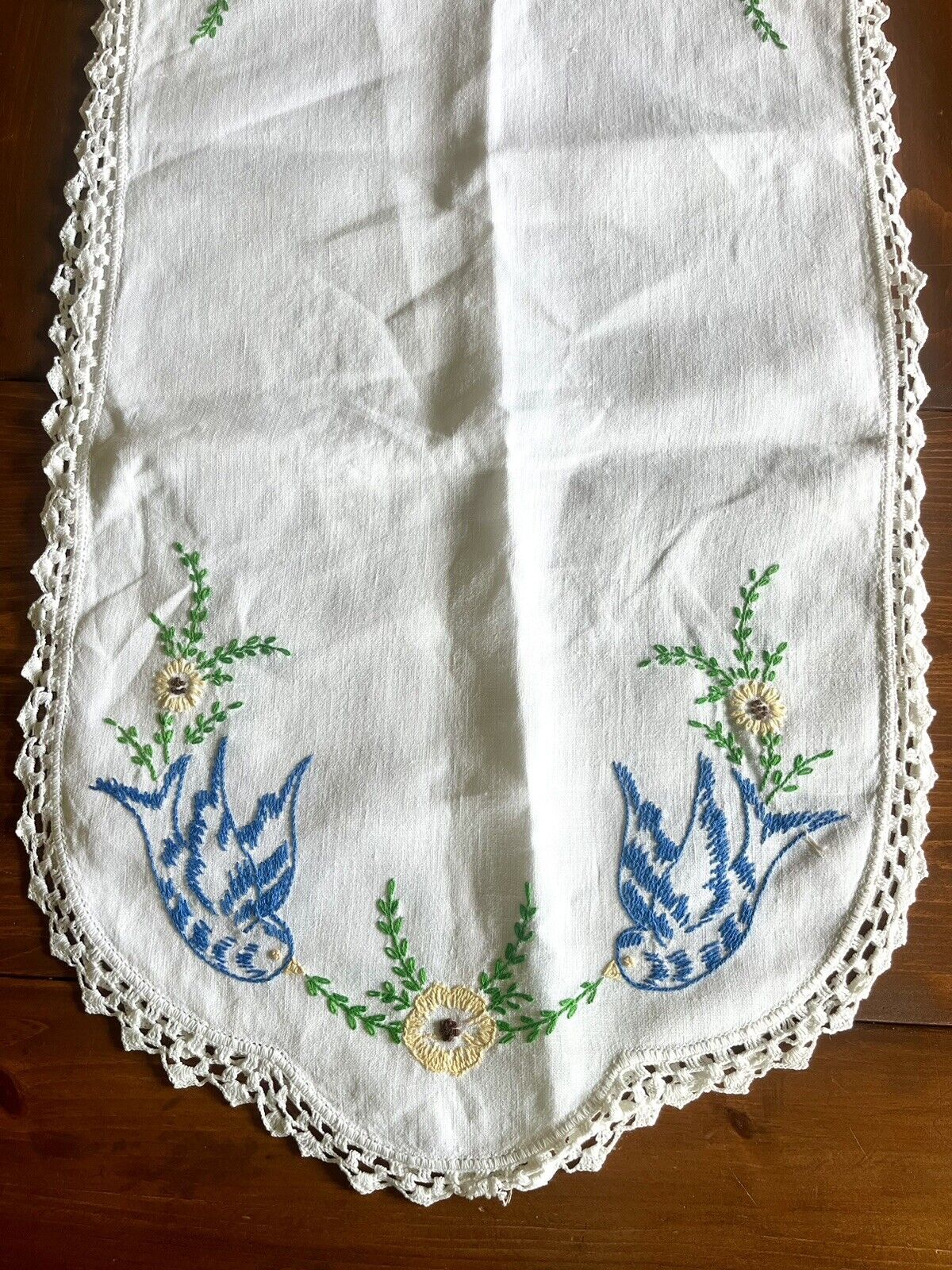 Vintage Hand Embroidered Blue Birds & Floral Crochet Edge Runner Dresser Scarf