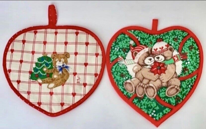 Vintage Heart Shape Teddy Bear Christmas Potholders New w/o Tags Lot of 2