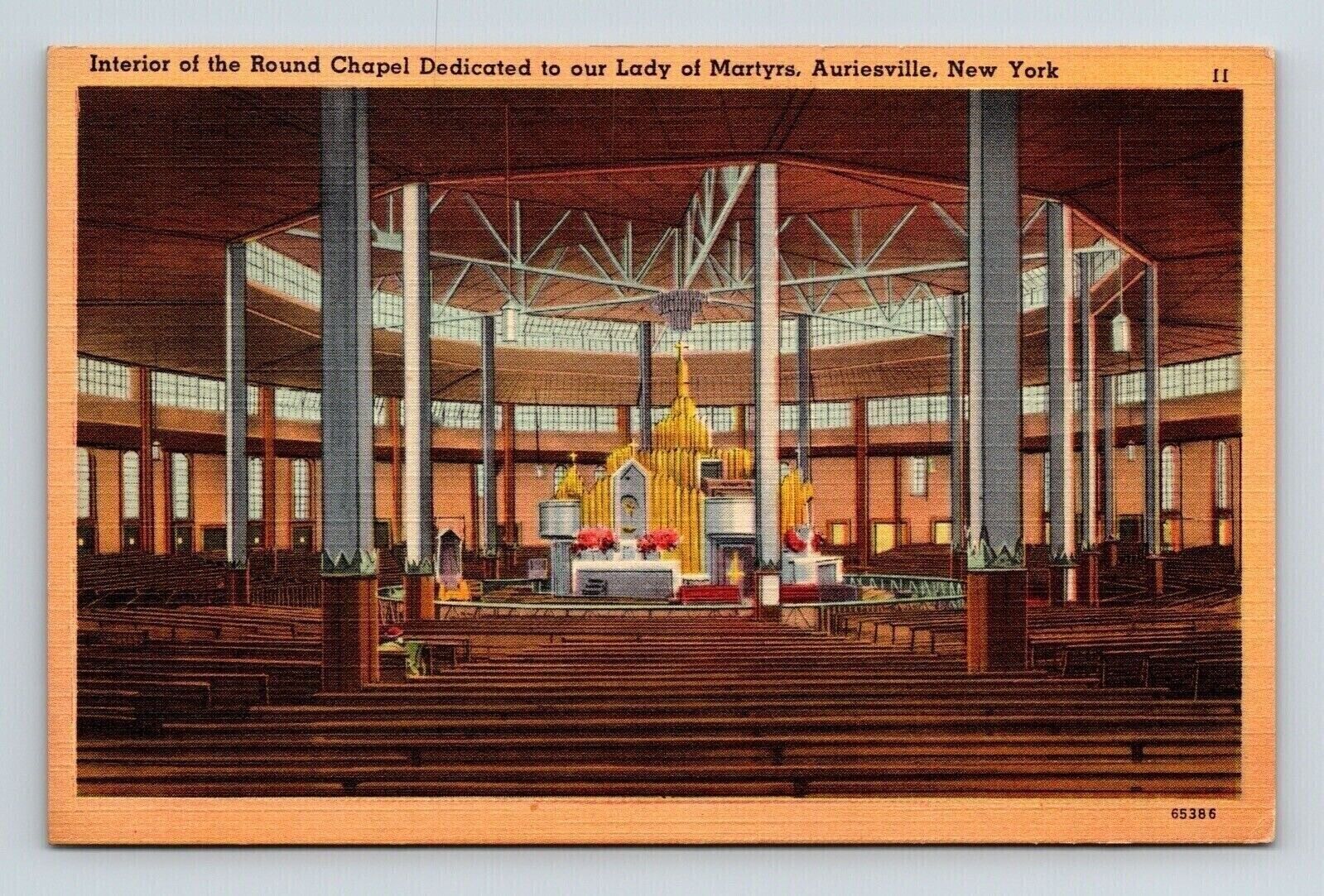 Interior Round Chapel Dedicated Our Lady Martyrs Auriesville NY Linen Postcard