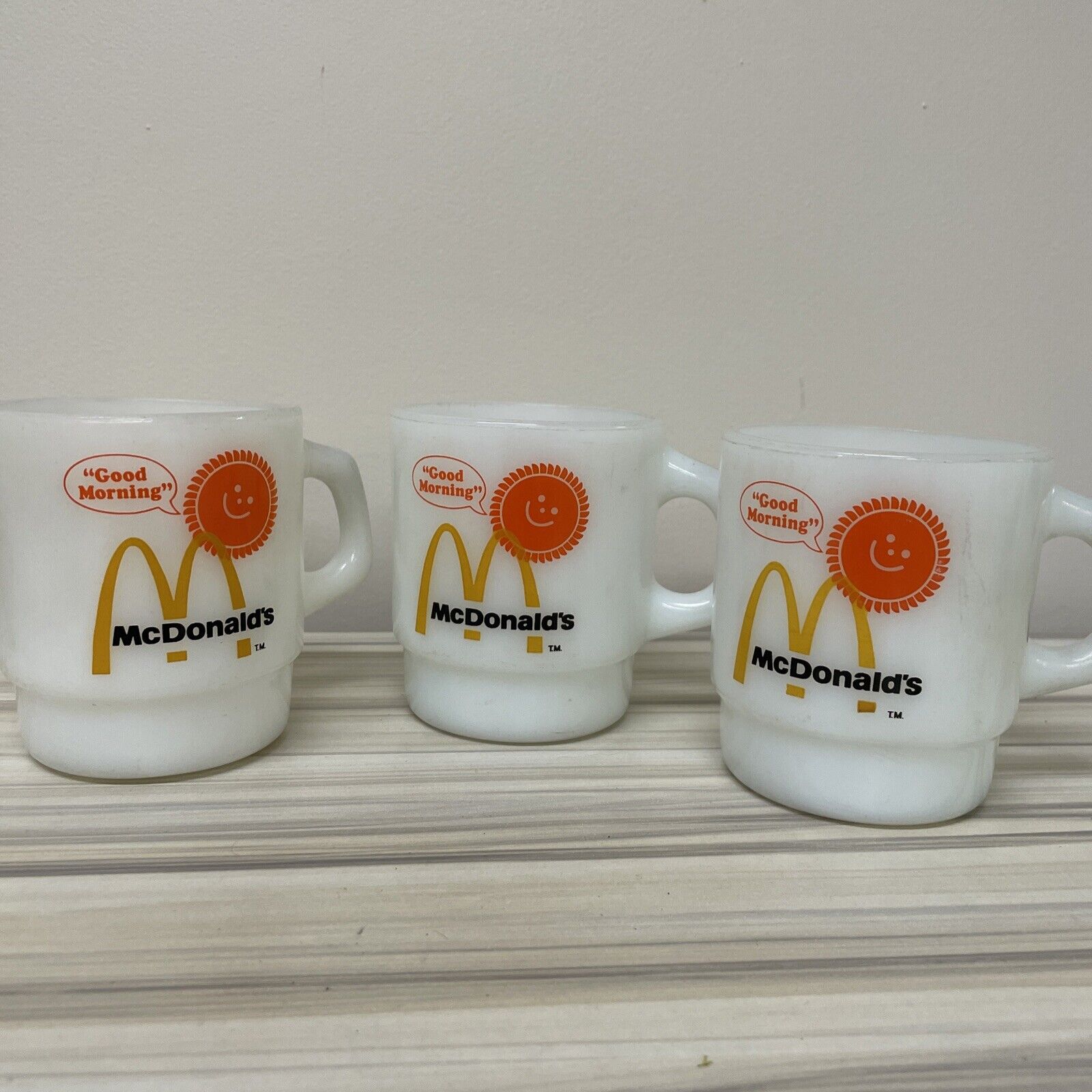 McDonalds Good Morning Sun Coffee Mug Fire King Anchor Hocking Milk Glass 3 Set