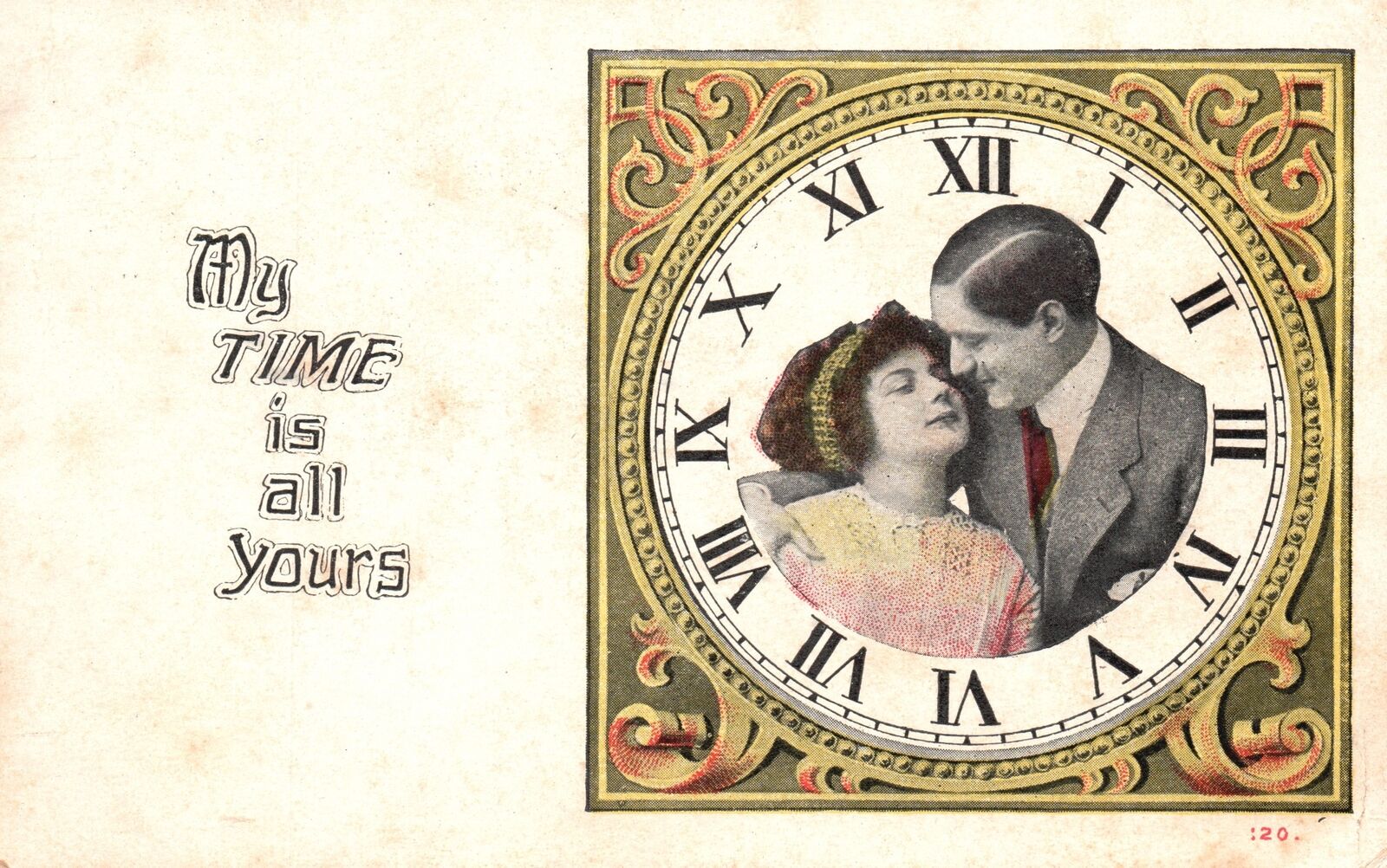 Vintage Postcard 1914 Lovers Couple In The Clock My Time Is All Yours