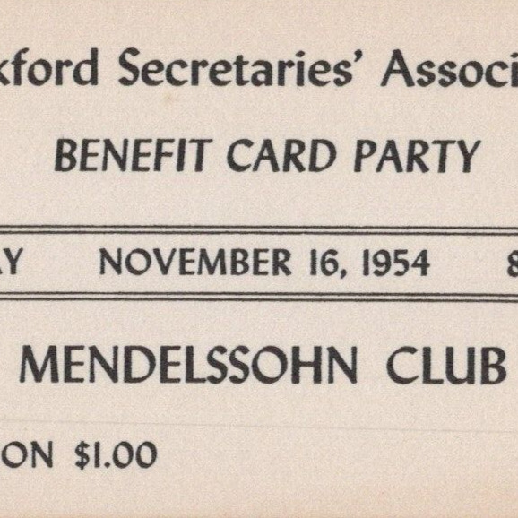 1954 Rockford Secretary Association Benefit Card Party Ticket Mendelssohn Club