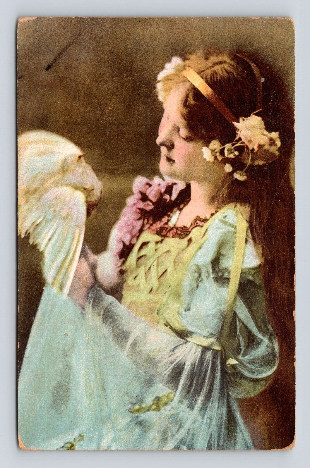 Antique Old Postcard Little Girl Flowers Hair White Dove 1908 Vintage
