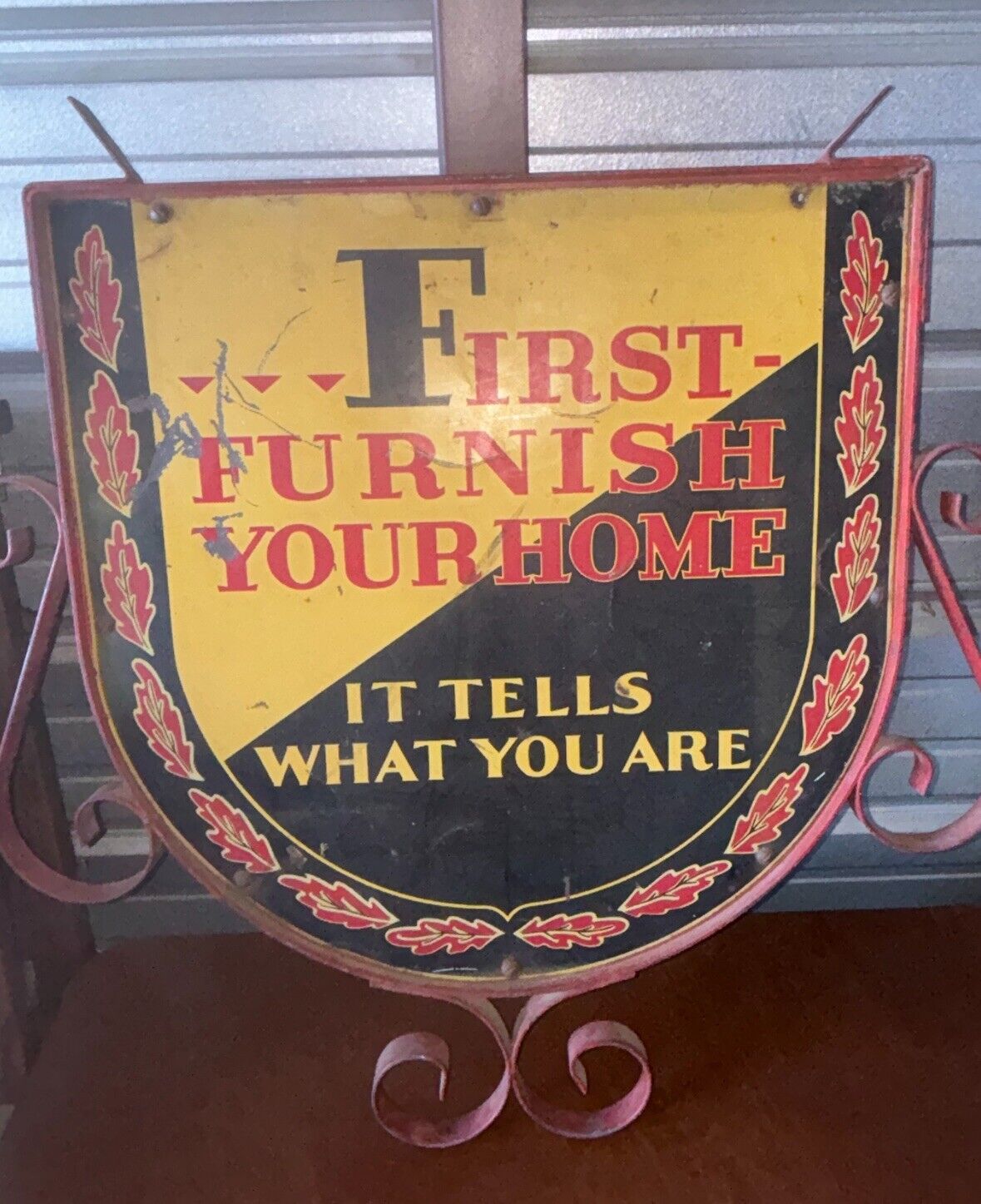 Antique 1920s First Furnish Your Home VTG Advertising Furniture Sign Double Side