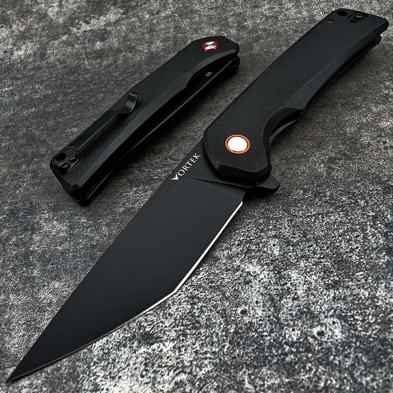 VORTEK RIPTIDE Black Tactical Ball Bearing D2 Tanto Blade Folding Pocket Knife