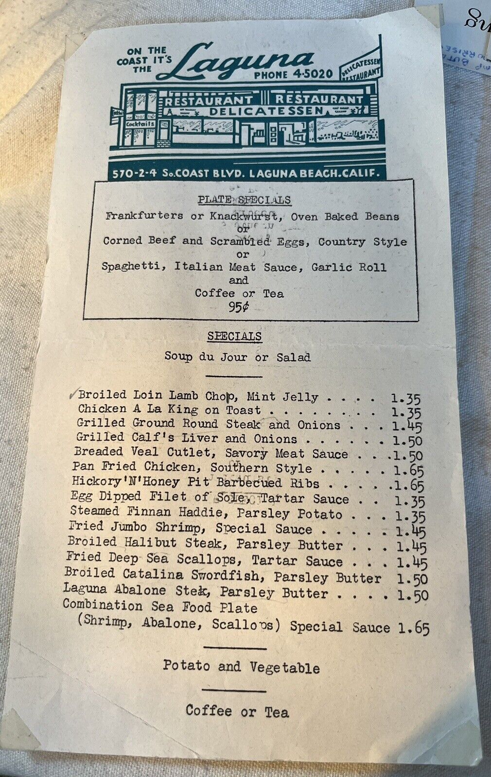 Vintage Laguna Beach Restaurant Delicatessen Menu - California 1952