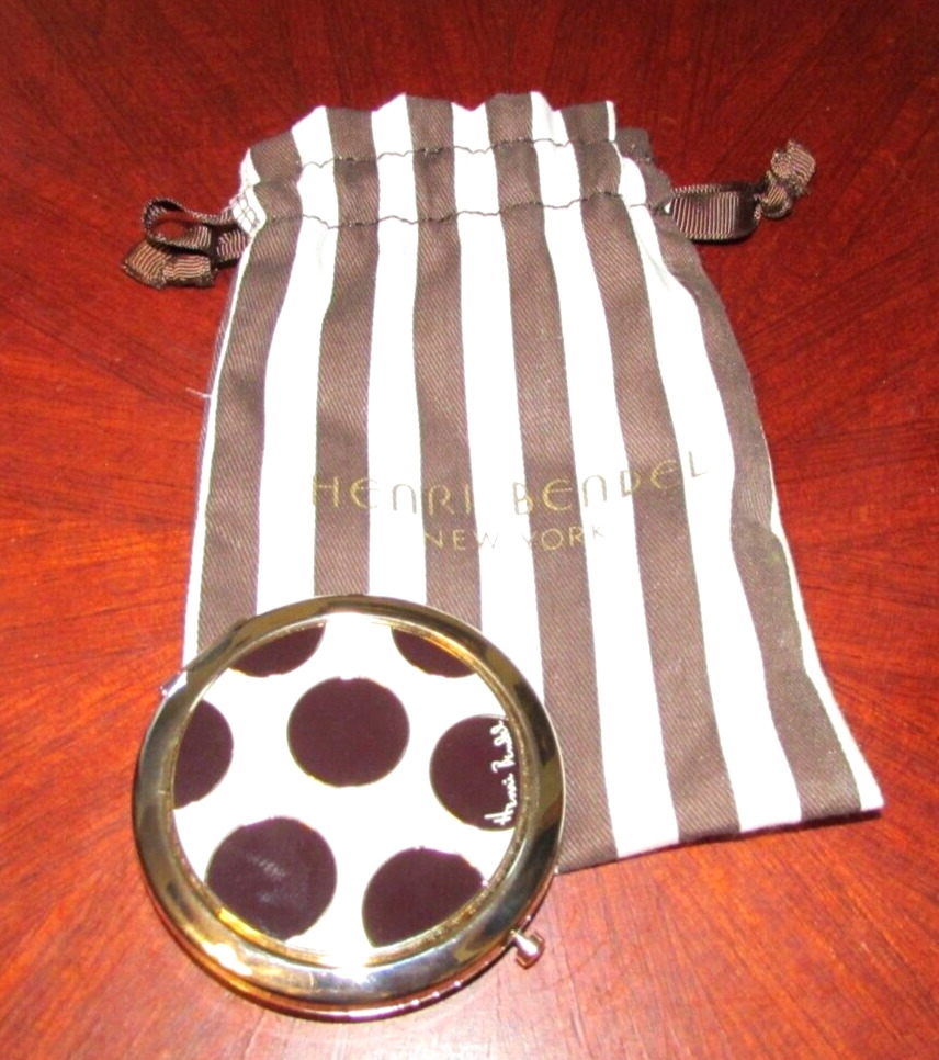 Vintage Henri Bendel Pocket Compact Mirror in Polka Dots and Striped Cloth Bag