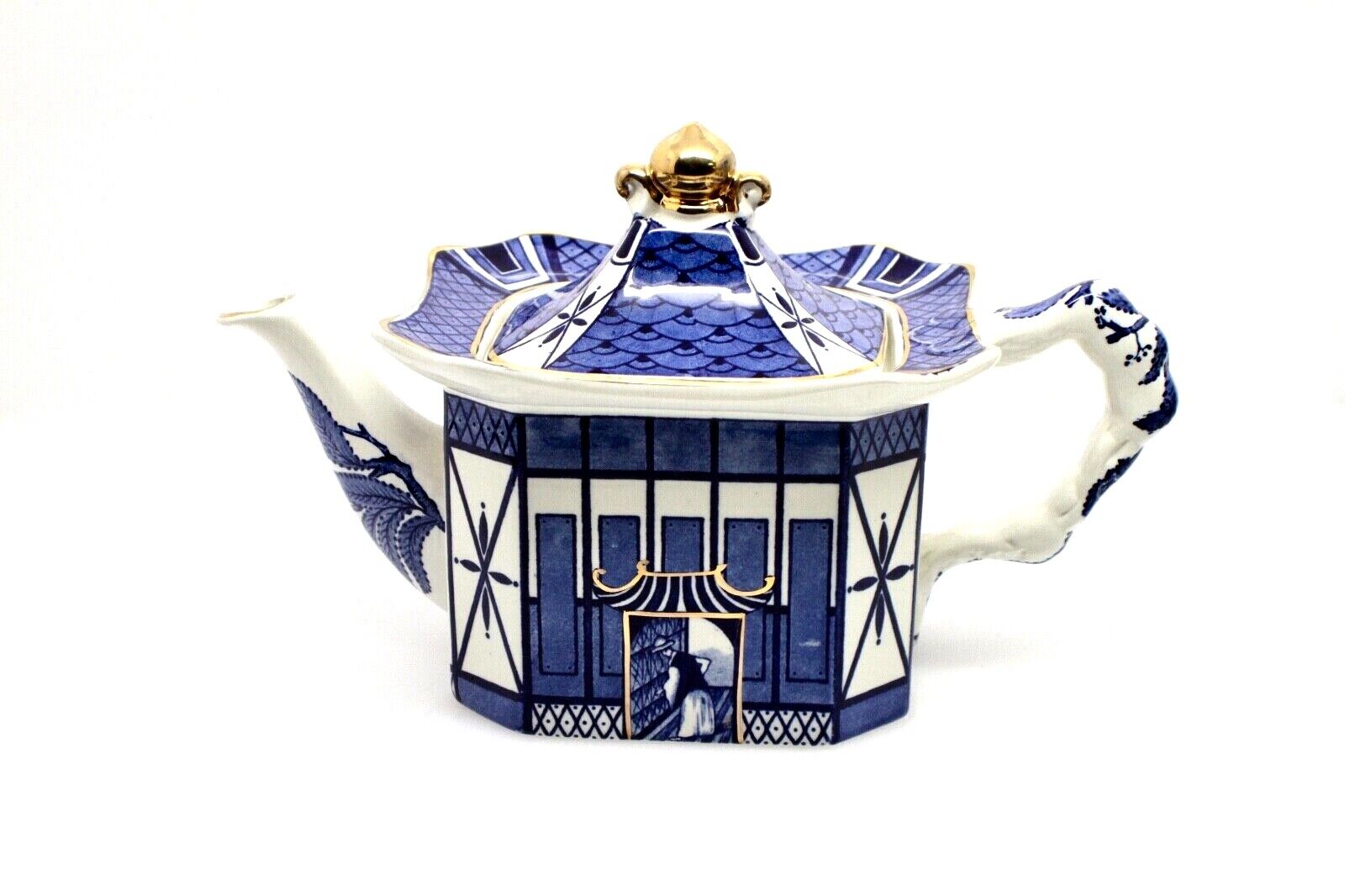 Rare Burleingh pagoda Teapot Blue & White With Gold Trim Collectibles