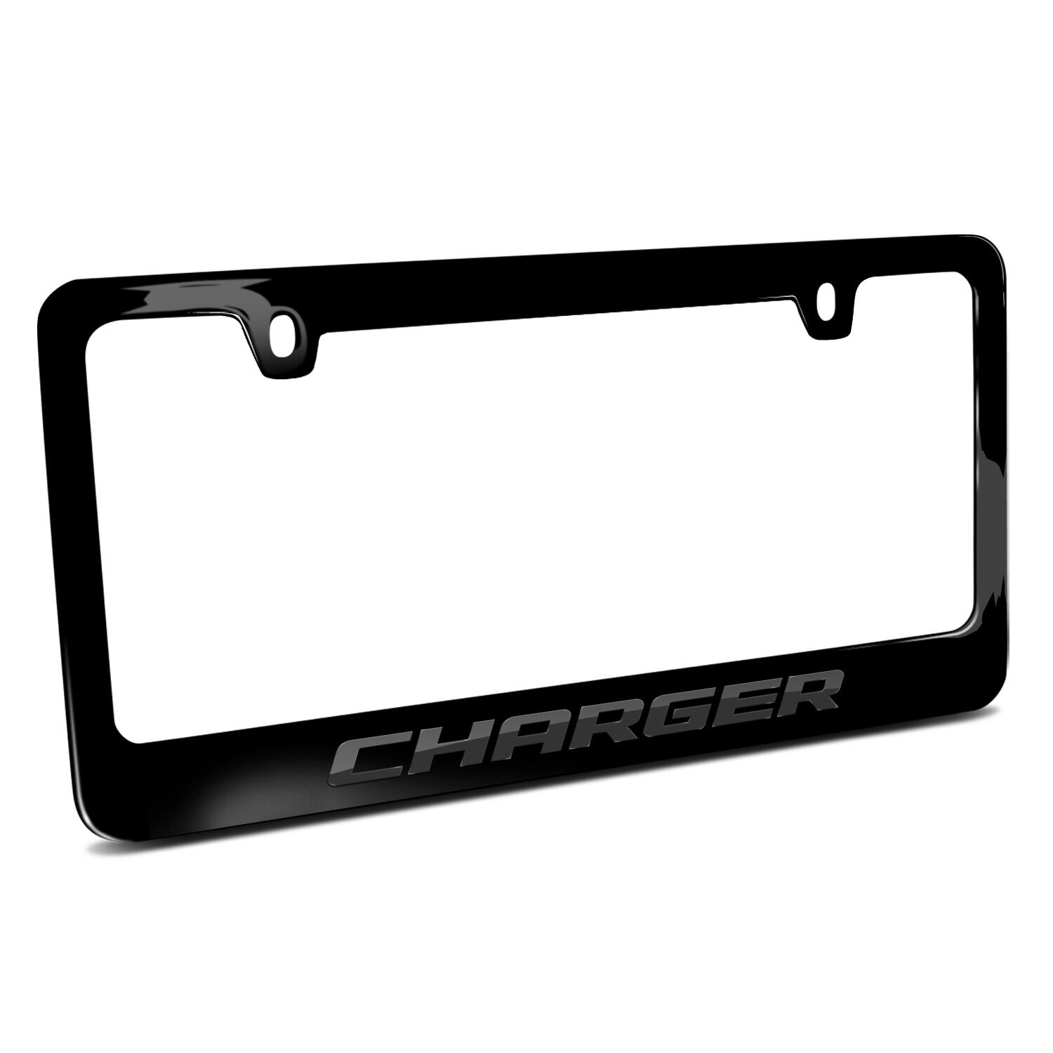 Dodge Charger in 3D Dark Gray Letters on Black Metal License Plate Frame