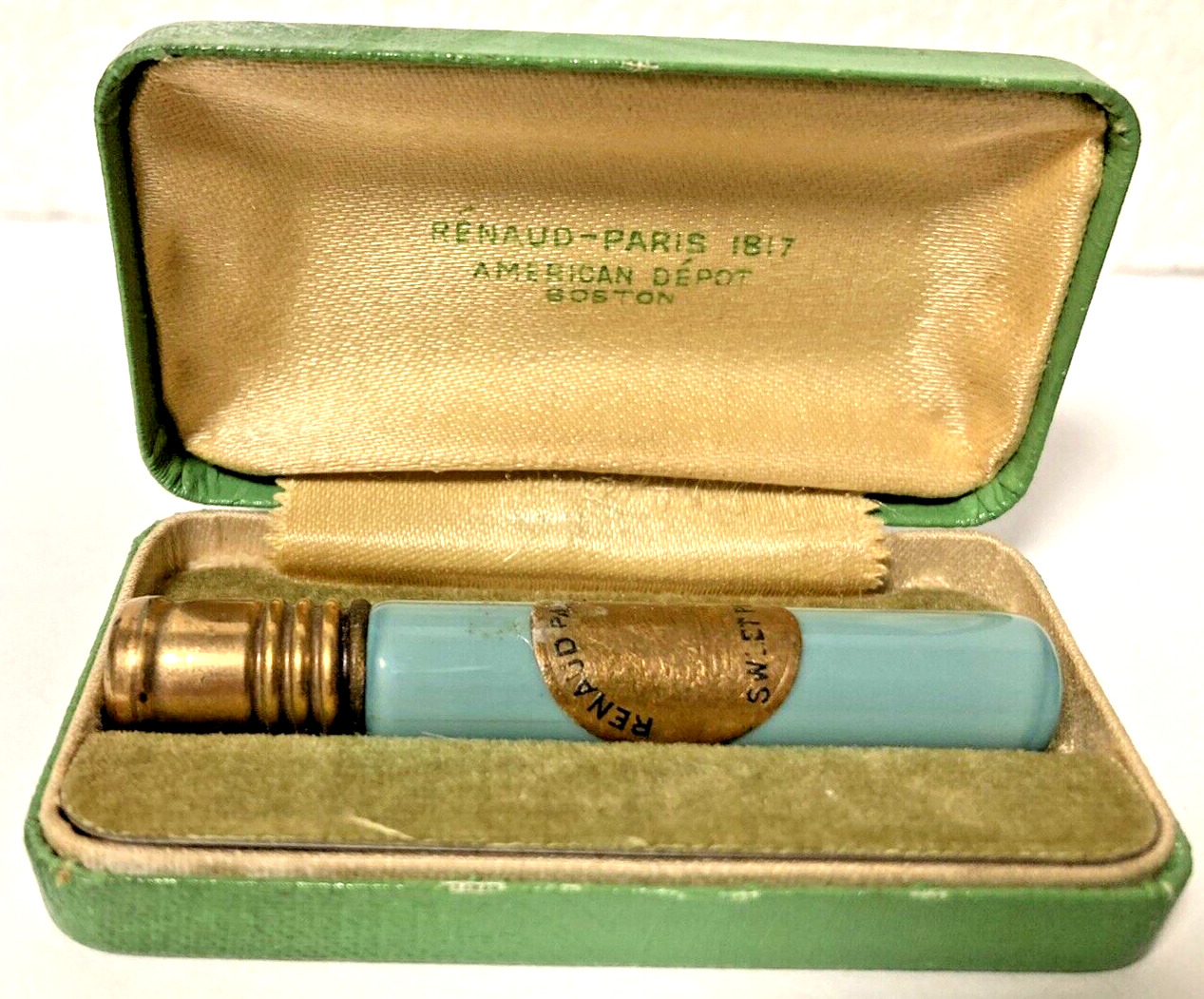 Antique 1920s  Renaud Paris 1817 Sweet Pea Perfume Bottle, Jadeite Green w/ Case
