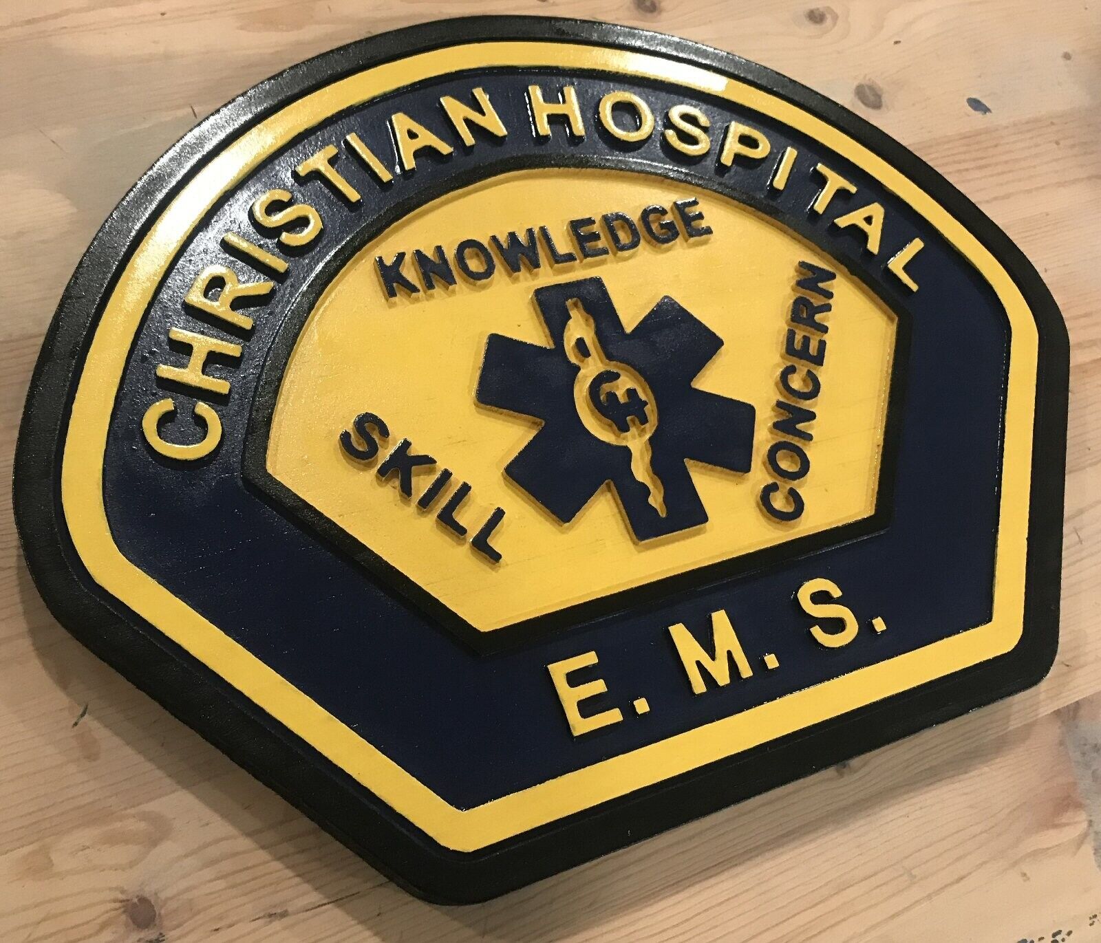 Fire Department EMS Christian Hospital routed wood patch plaque sign Carved