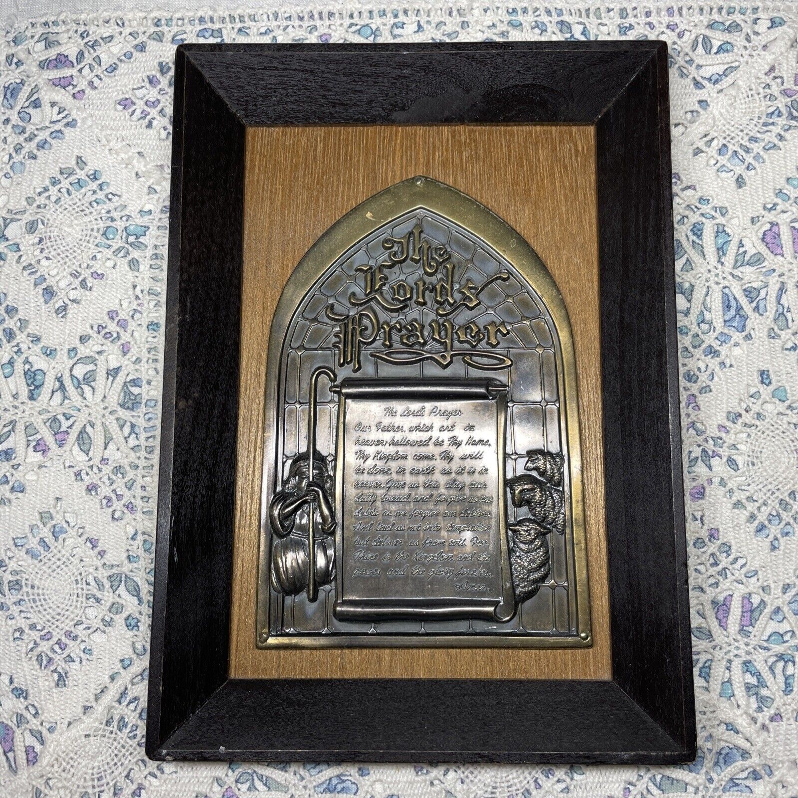 The Lord’s Prayer Brass Plaque Shepherd Sheep Scroll Words In Cursive 5x7