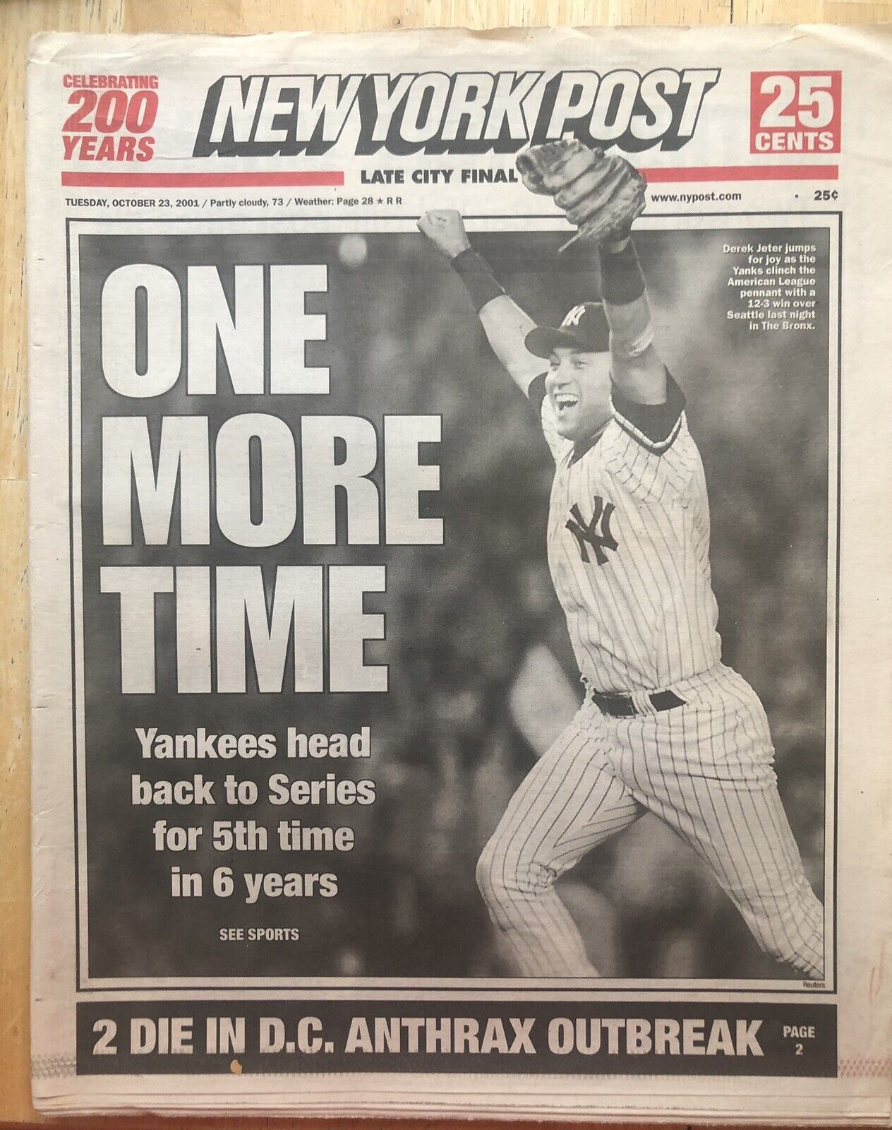 New York Post Derek Jeter-Ny Yankees Oct.23,2001-Good Ads-GC